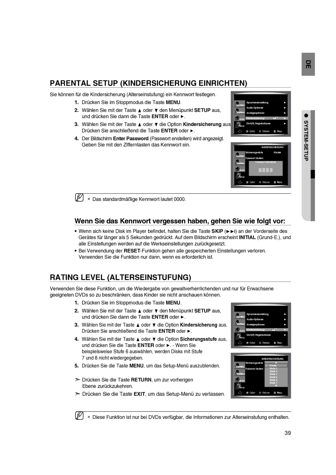 Samsung RTS-E10T/EDC Parental Setup Kindersicherung Einrichten, Rating Level Alterseinstufung, Und 8 nicht wiedergegeben 