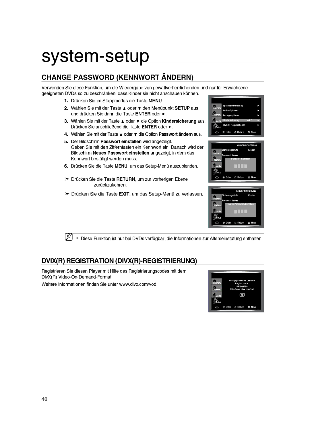 Samsung RTS-E10T/EDC manual Change Password Kennwort Ändern, Dvixr Registration DIVXR-REGISTRIERUNG 