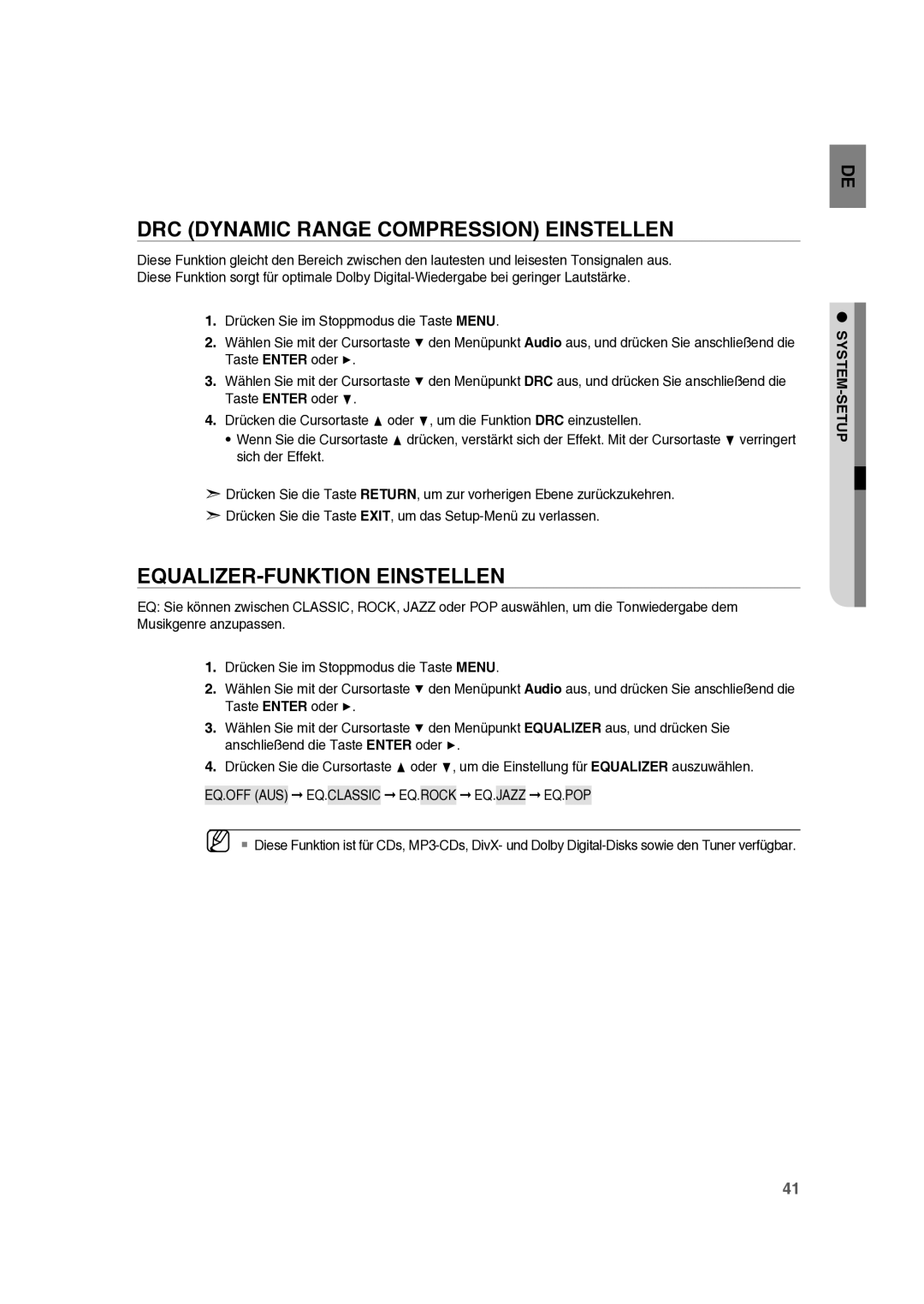 Samsung RTS-E10T/EDC manual DRC Dynamic Range Compression Einstellen, EQUALIZER-FUNKTION Einstellen 