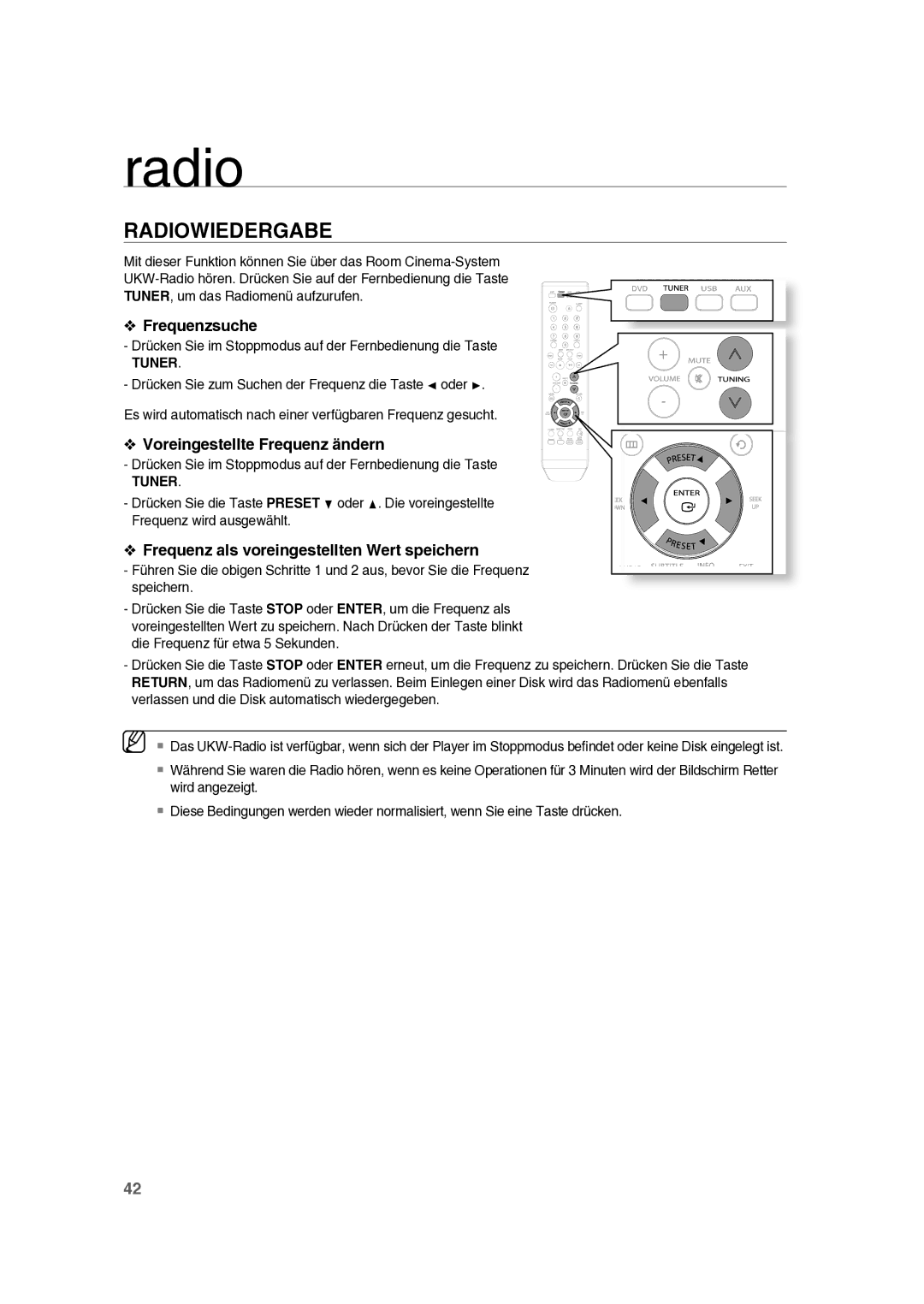 Samsung RTS-E10T/EDC manual Radiowiedergabe, Frequenzsuche, Voreingestellte Frequenz ändern 