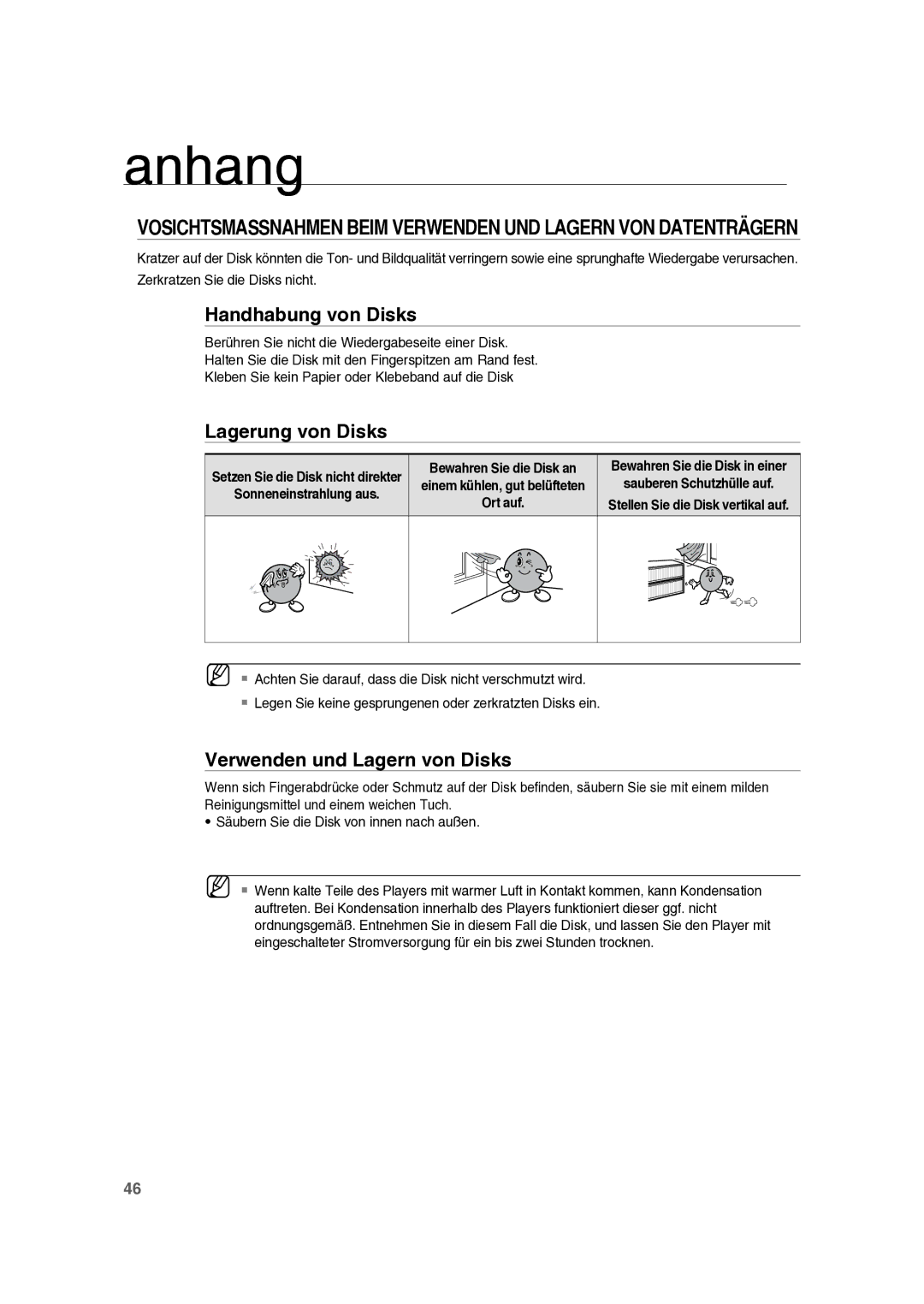 Samsung RTS-E10T/EDC manual Anhang, Handhabung von Disks, Lagerung von Disks, Verwenden und Lagern von Disks 