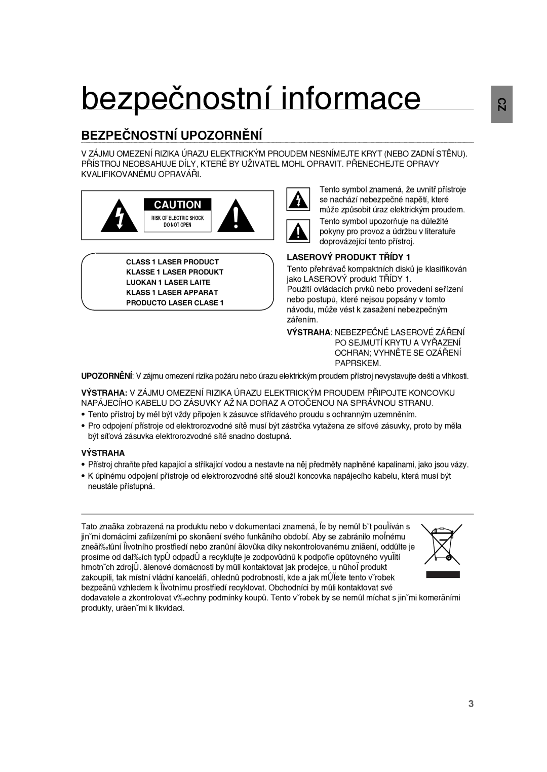 Samsung RTS-E10T/EDC Bezpečnostní informace, Bezpečnostní Upozornění, Doprovázející tento přístroj, Laserový Produkt Třídy 