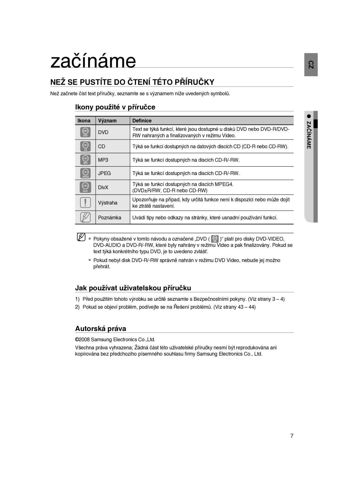 Samsung RTS-E10T/EDC manual Začínáme, NEŽ SE Pustíte do Čtení Této Příručky, Ikony použité v příručce, Autorská práva 