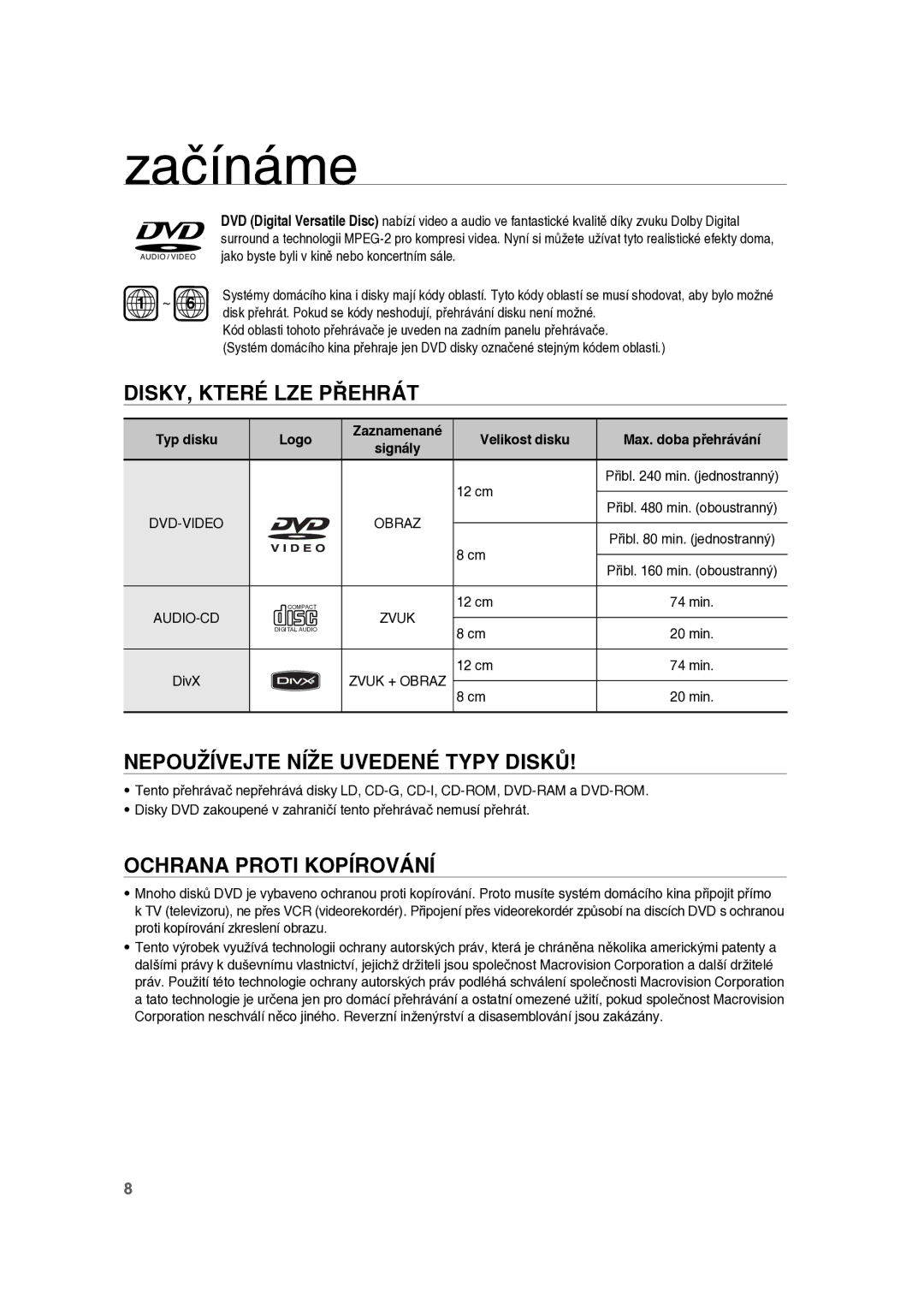 Samsung RTS-E10T/EDC manual DISKY, Které LZE Přehrát, Nepoužívejte Níže Uvedené Typy Disků, Ochrana Proti Kopírování, Logo 