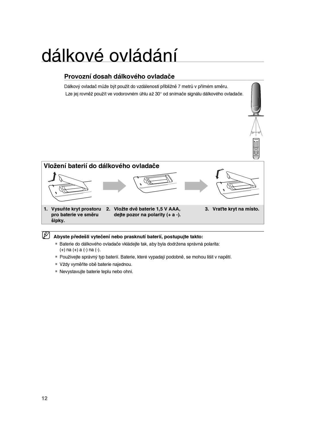 Samsung RTS-E10T/EDC manual Dálkové ovládání, Provozní dosah dálkového ovladače, Vložení baterií do dálkového ovladače 