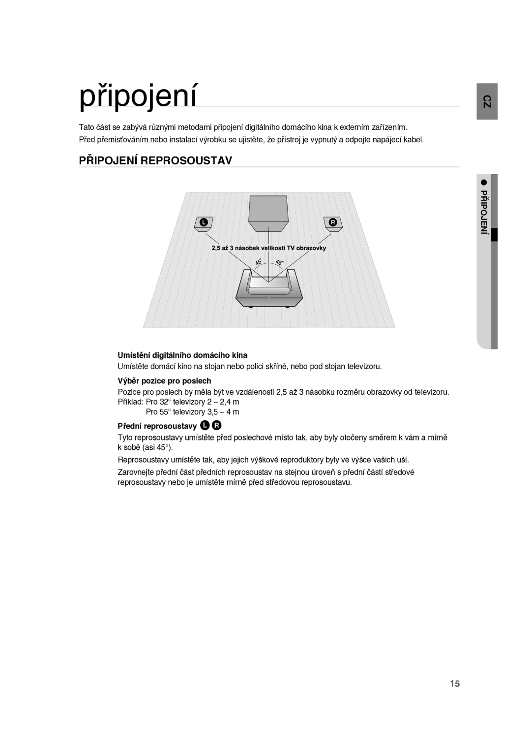 Samsung RTS-E10T/EDC Připojení, Umístění digitálního domácího kina, Výběr pozice pro poslech, Přední reprosoustavy ei 