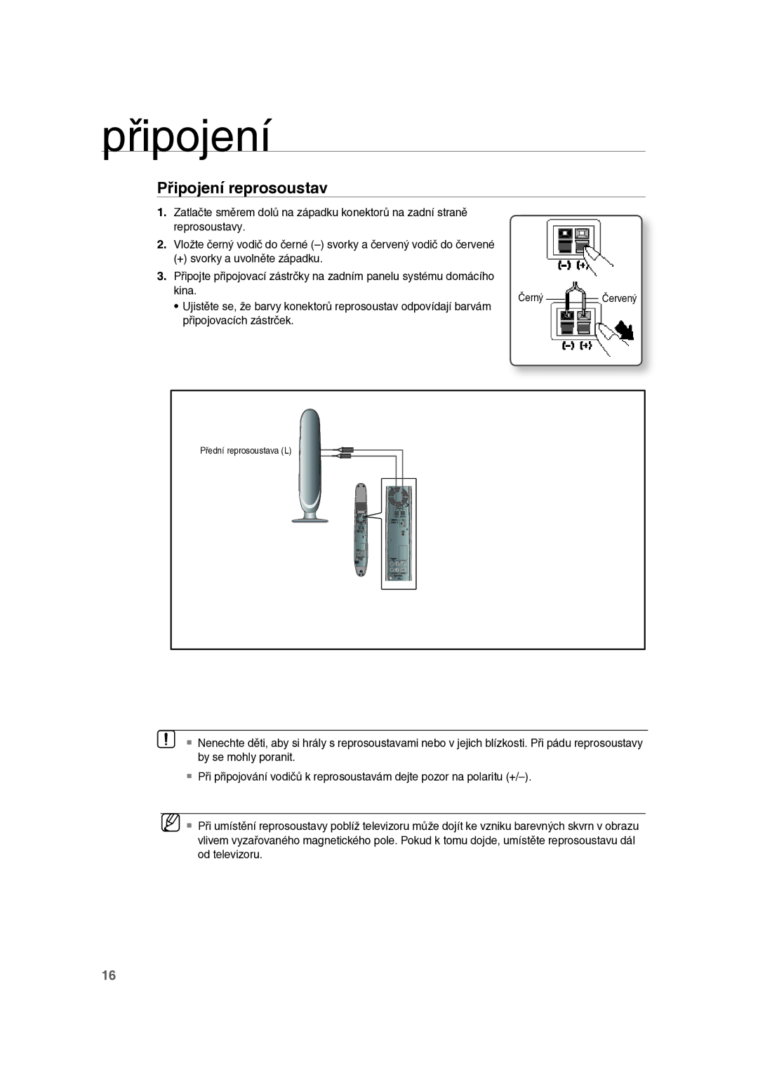 Samsung RTS-E10T/EDC manual Připojení reprosoustav, + svorky a uvolněte západku, Kina, Připojovacích zástrček 