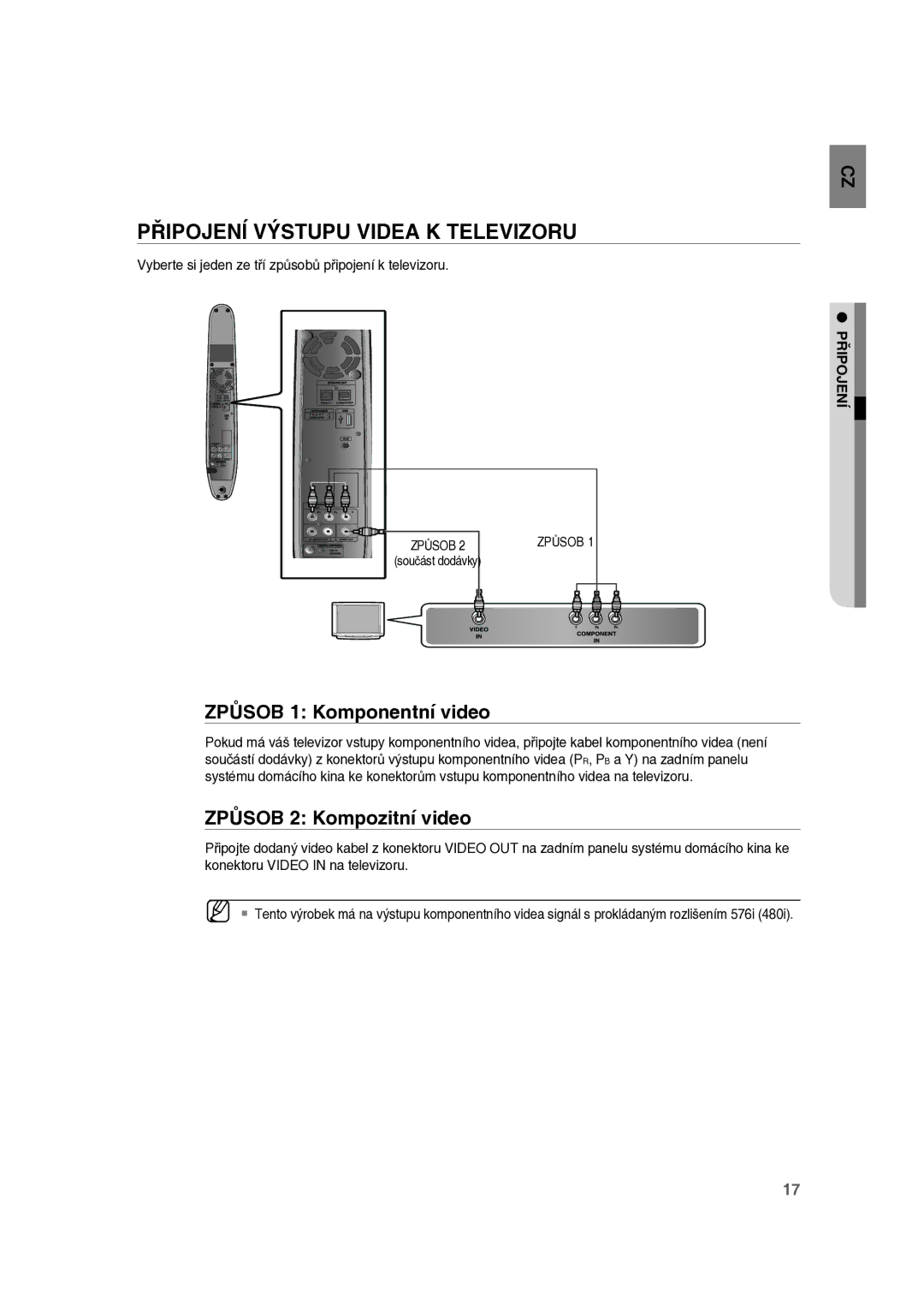 Samsung RTS-E10T/EDC manual Připojení Výstupu Videa K Televizoru, Způsob 1 Komponentní video, Způsob 2 Kompozitní video 