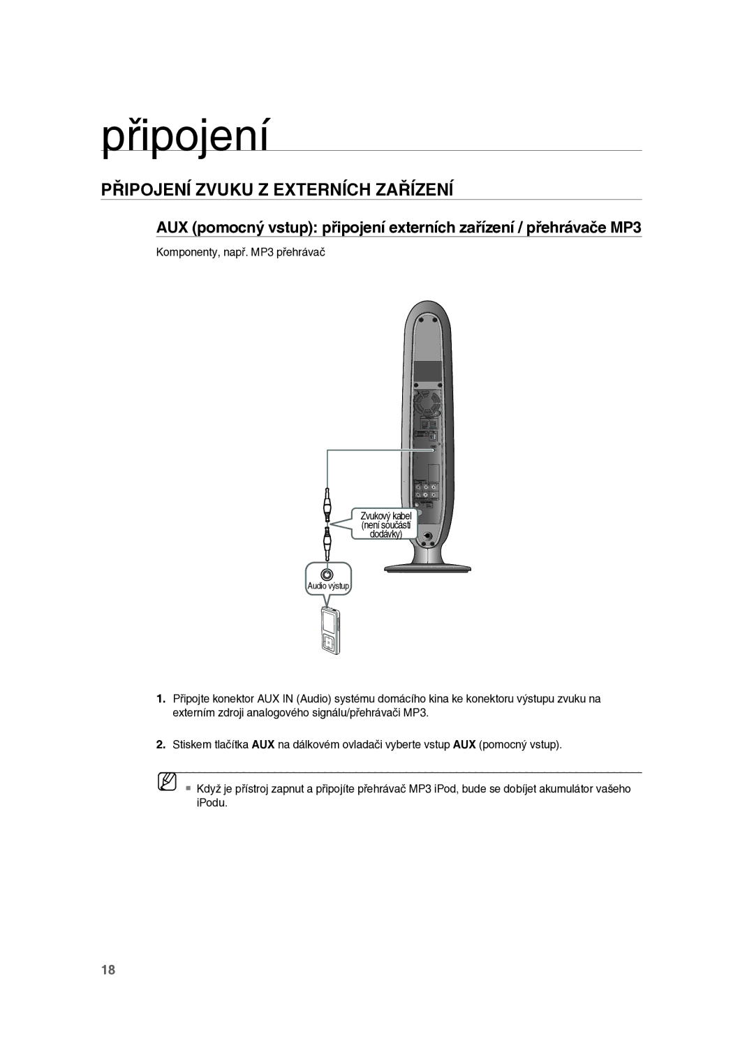 Samsung RTS-E10T/EDC manual Připojení Zvuku Z Externích Zařízení, Komponenty, např. MP3 přehrávač 