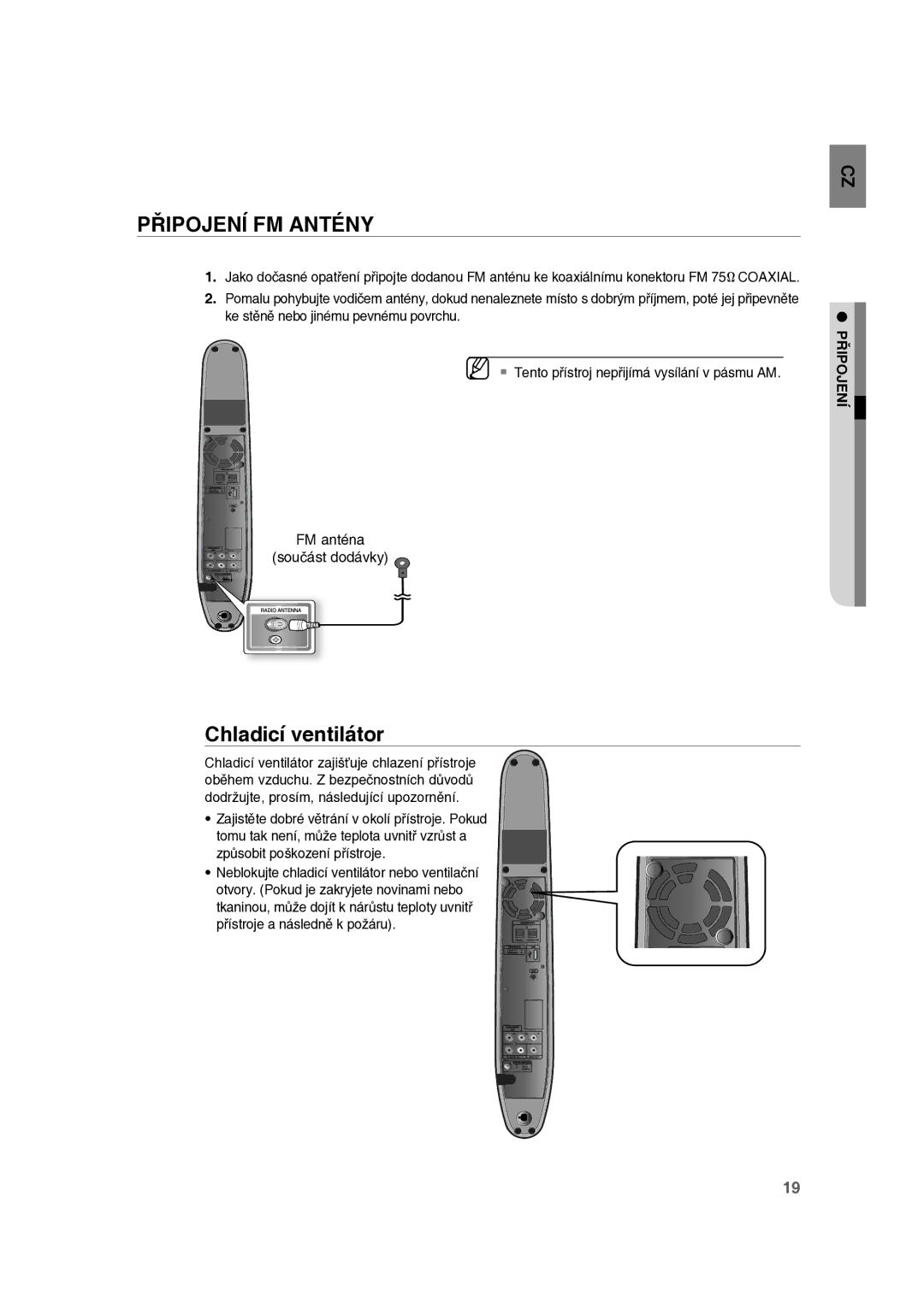 Samsung RTS-E10T/EDC manual Připojení FM Antény, Chladicí ventilátor 