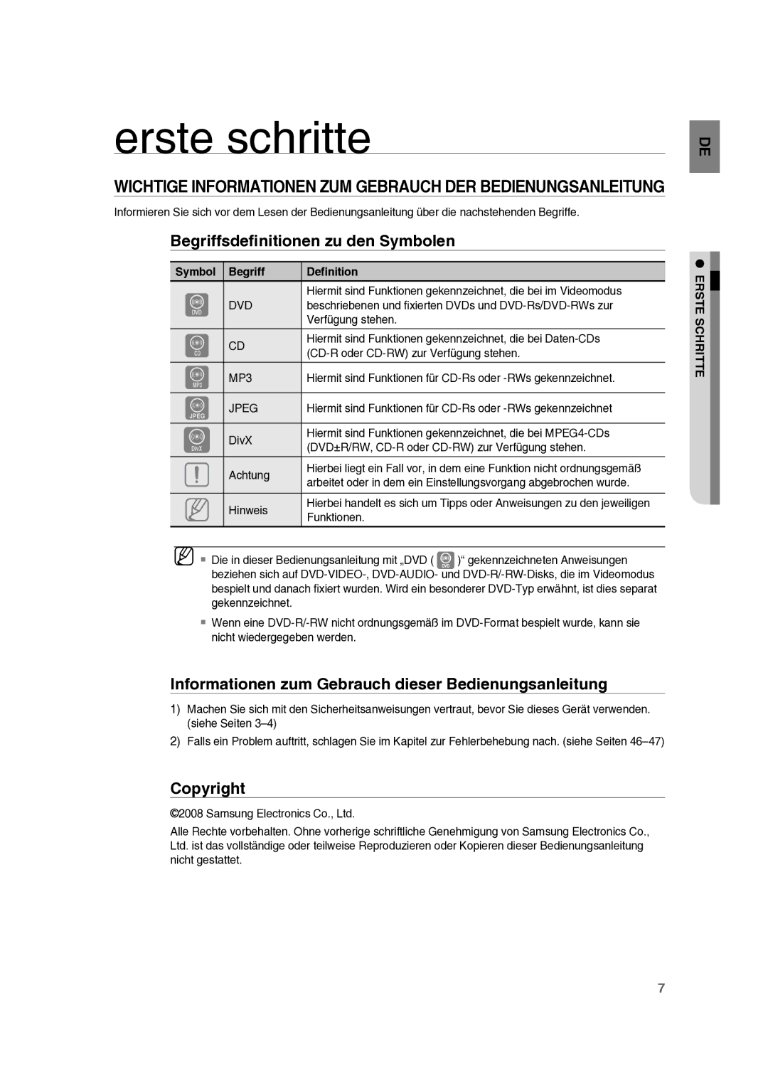 Samsung RTS-E10T/EDC manual Erste schritte, Begriffsdeﬁnitionen zu den Symbolen, Copyright, Erste Schritte 