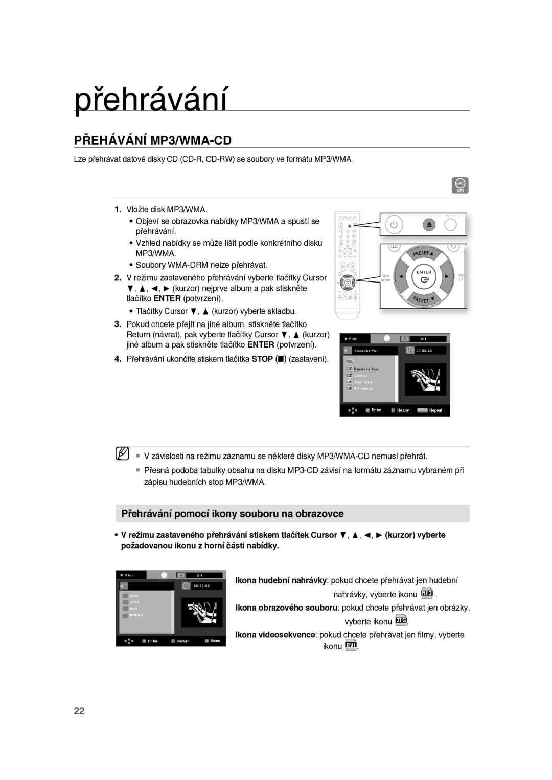 Samsung RTS-E10T/EDC manual Přehávání MP3/WMA-CD, Přehrávání pomocí ikony souboru na obrazovce 