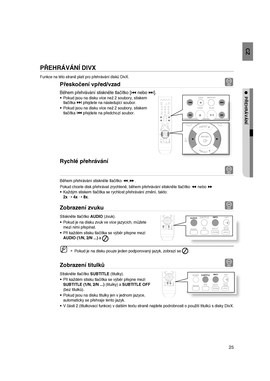 Samsung RTS-E10T/EDC manual Přehrávání Divx, Přeskočení vpřed/vzad, Rychlé přehrávání, Zobrazení zvuku, Zobrazení titulků 