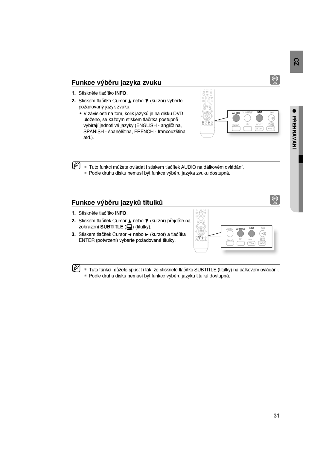 Samsung RTS-E10T/EDC manual Funkce výběru jazyka zvuku, Funkce výběru jazyků titulků 