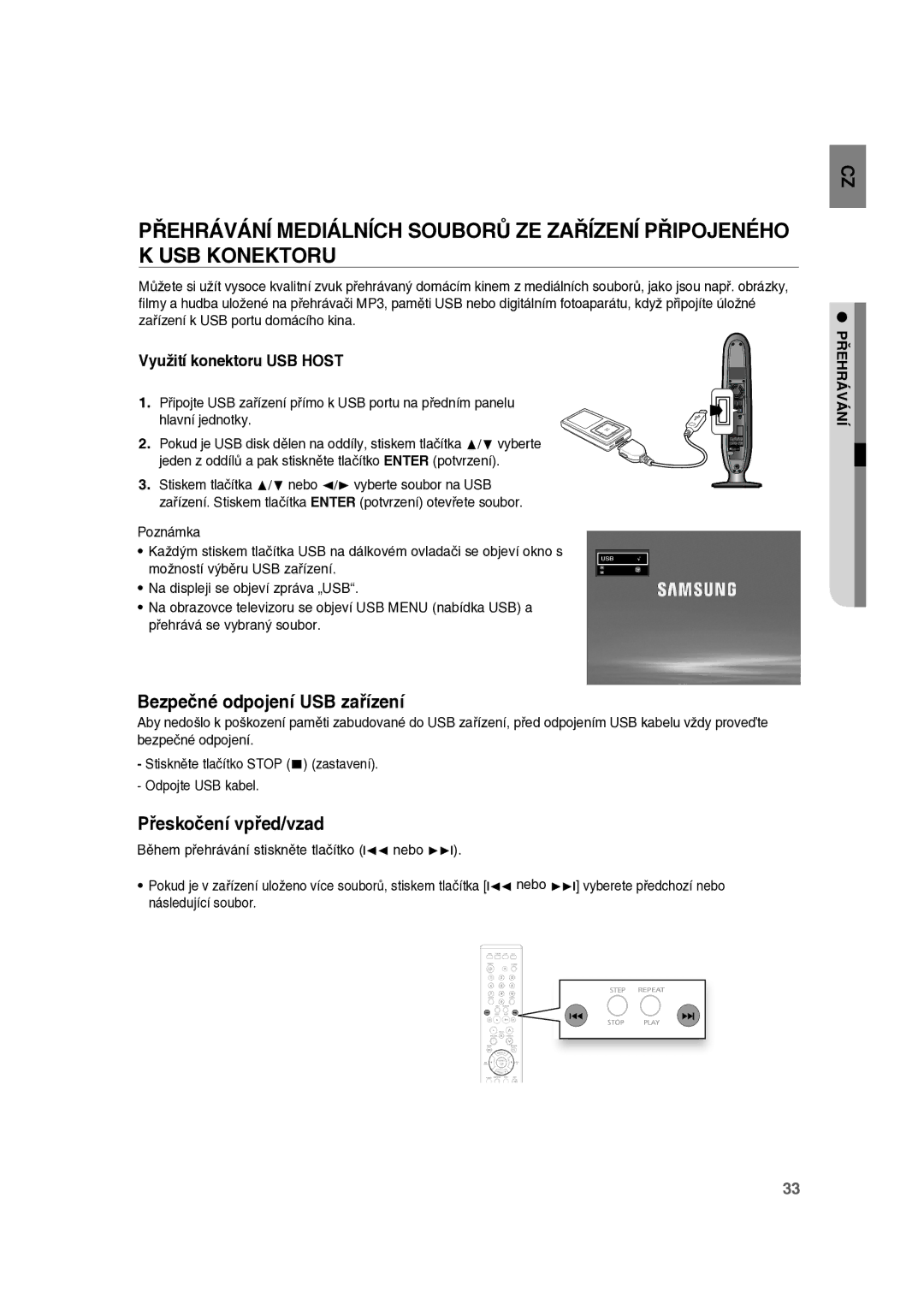 Samsung RTS-E10T/EDC manual Bezpečné odpojení USB zařízení, Využití konektoru USB Host 