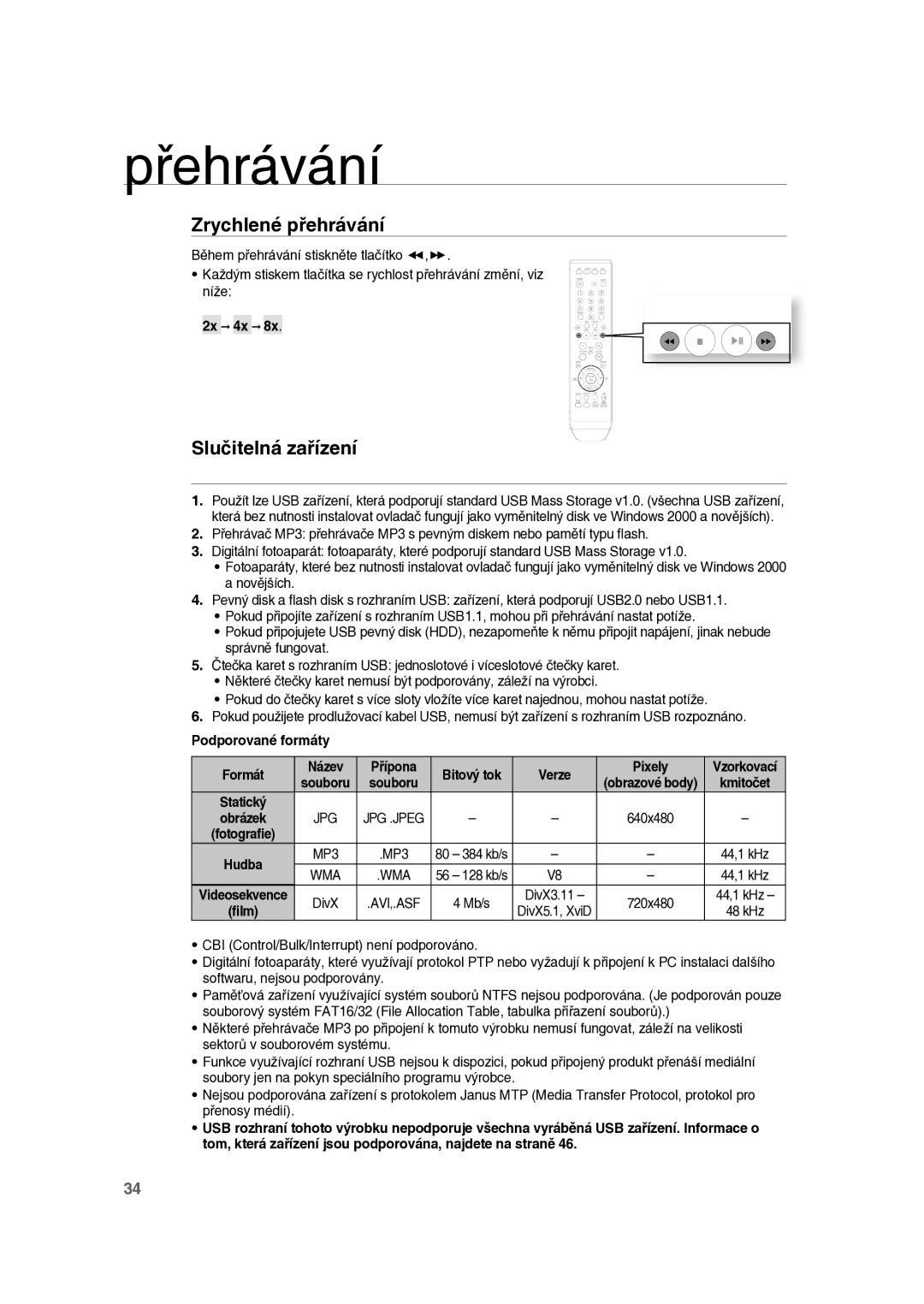 Samsung RTS-E10T/EDC manual Zrychlené přehrávání, Slučitelná zařízení, 2x 4x 