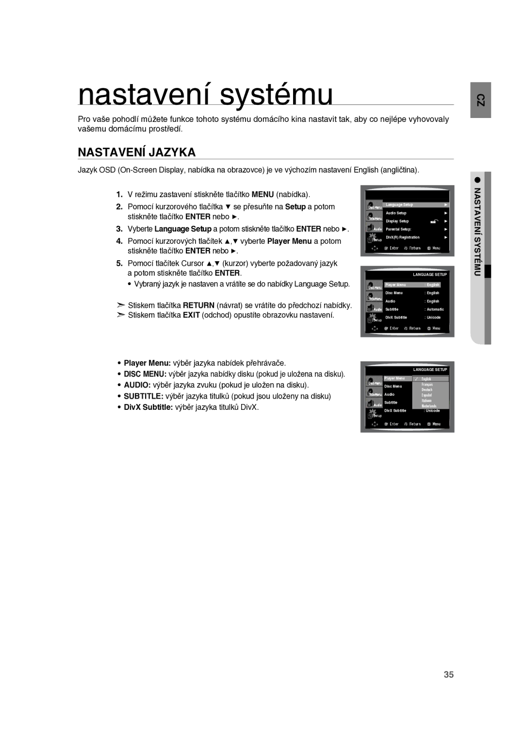 Samsung RTS-E10T/EDC Nastavení systému, Nastavení Jazyka, Player Menu výběr jazyka nabídek přehrávače, Nastavení Systému 