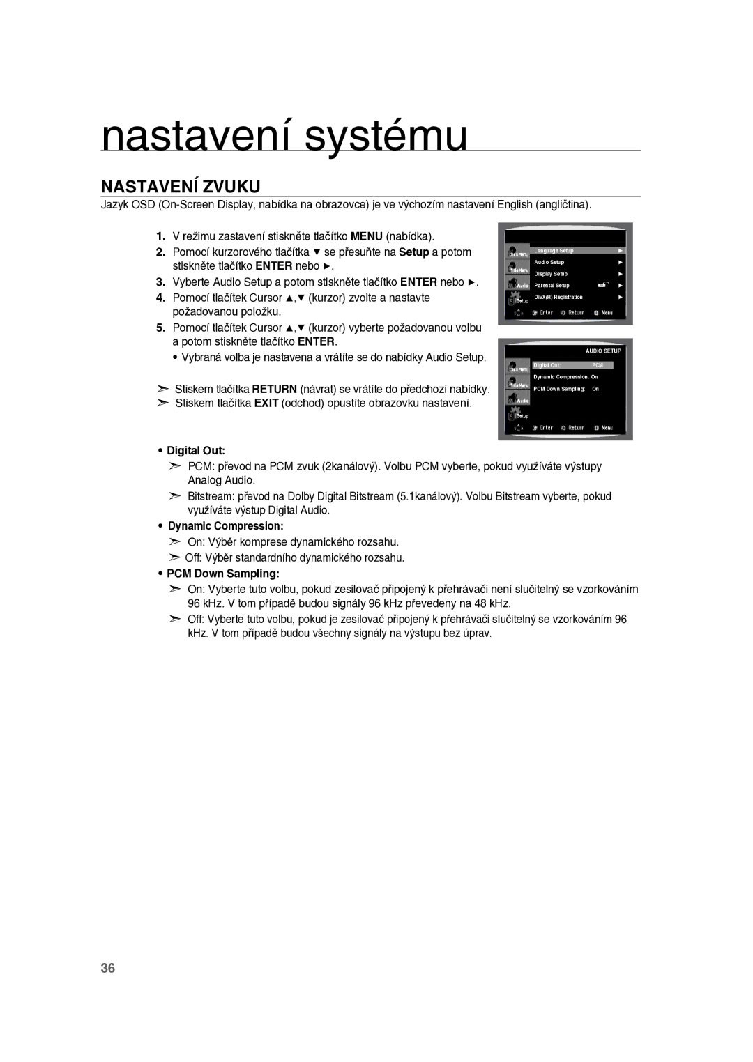 Samsung RTS-E10T/EDC manual Nastavení Zvuku, Digital Out, Dynamic Compression, PCM Down Sampling 