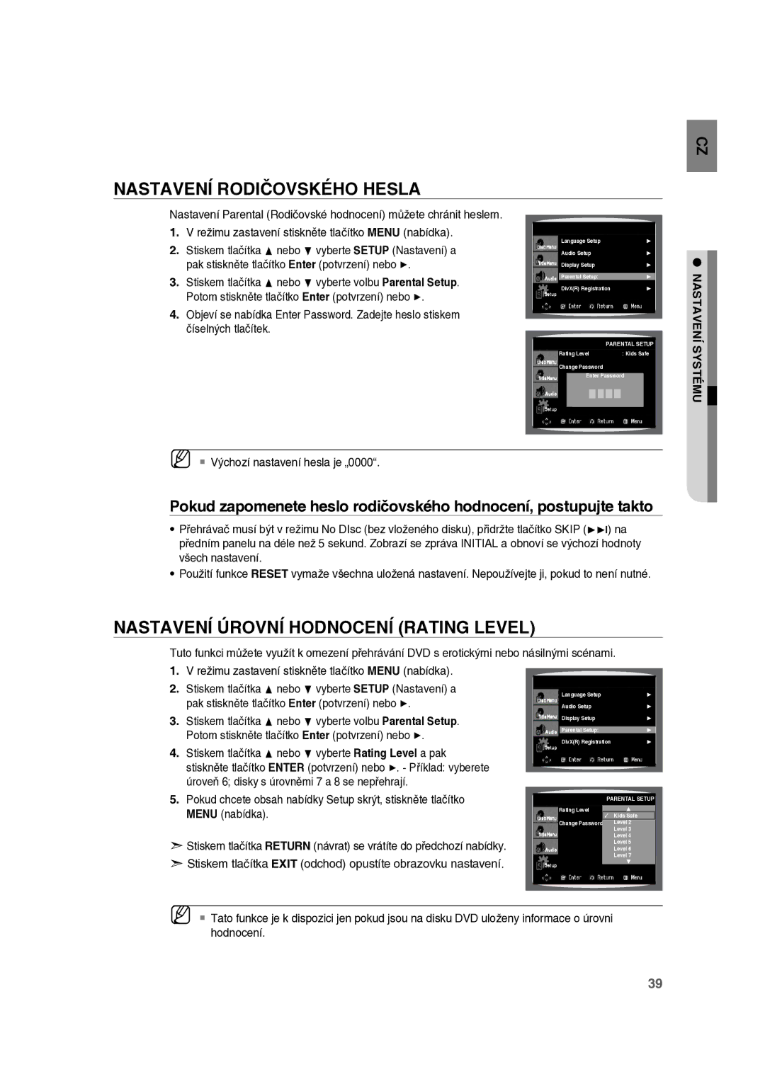 Samsung RTS-E10T/EDC manual Nastavení Rodičovského Hesla, Nastavení Úrovní Hodnocení Rating Level 