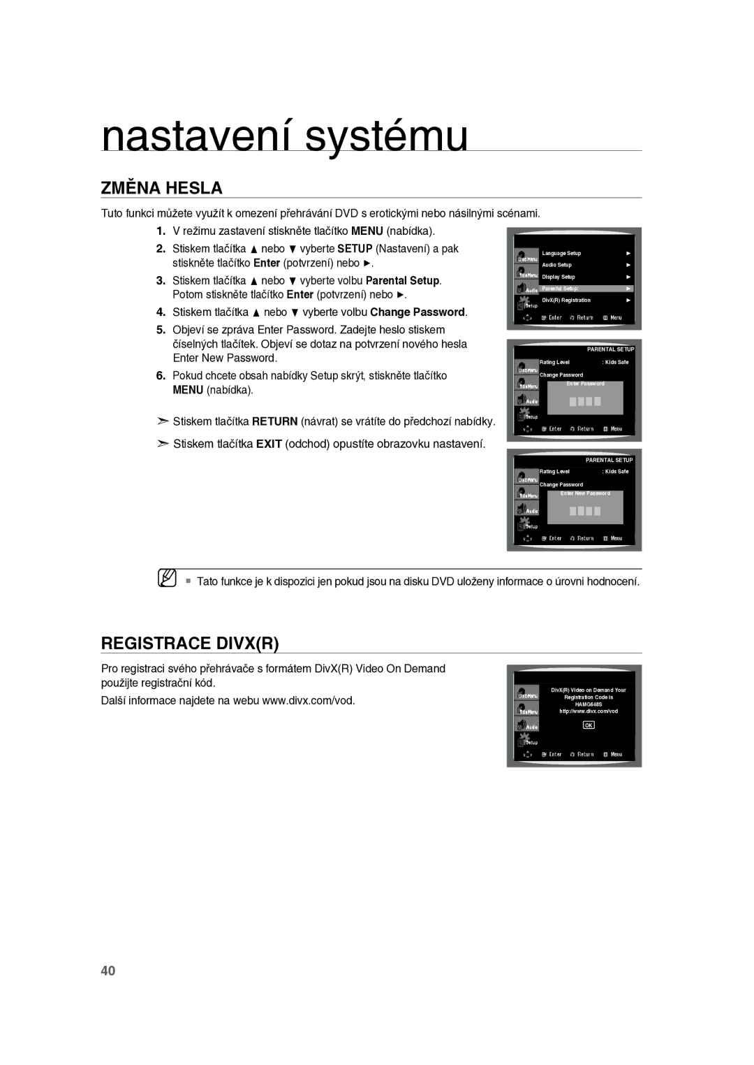 Samsung RTS-E10T/EDC manual Změna Hesla, Registrace Divxr, Stiskněte tlačítko Enter potvrzení nebo 