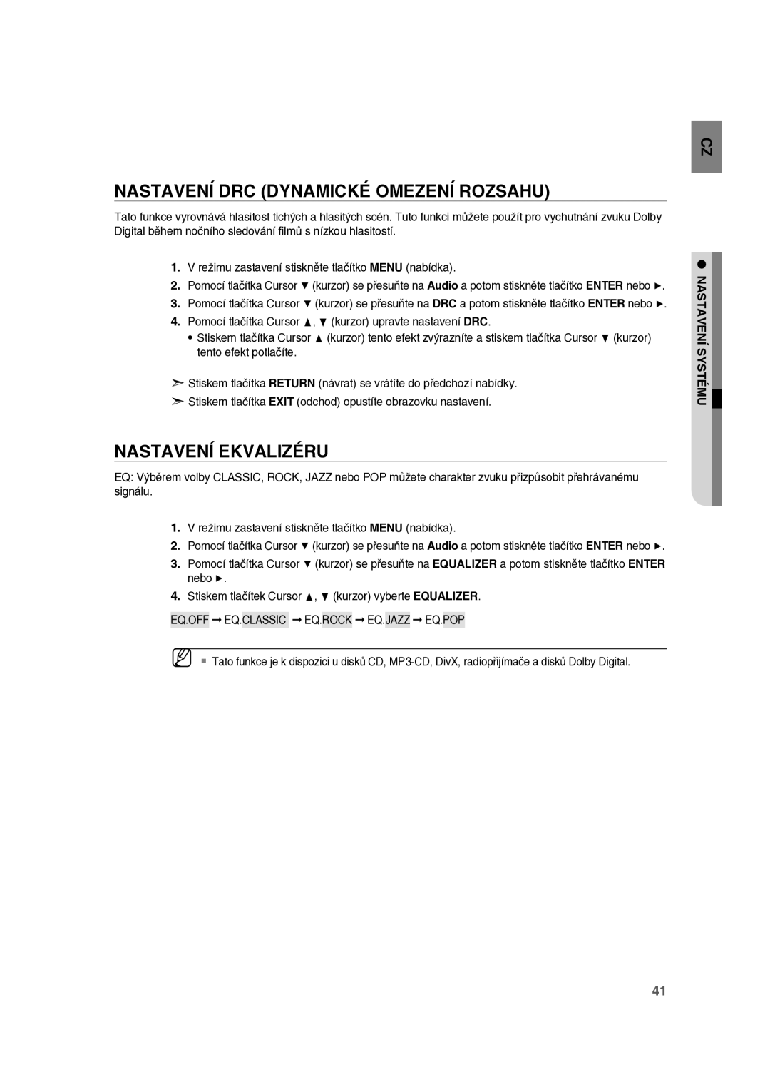 Samsung RTS-E10T/EDC manual Nastavení DRC Dynamické Omezení Rozsahu, Nastavení Ekvalizéru 