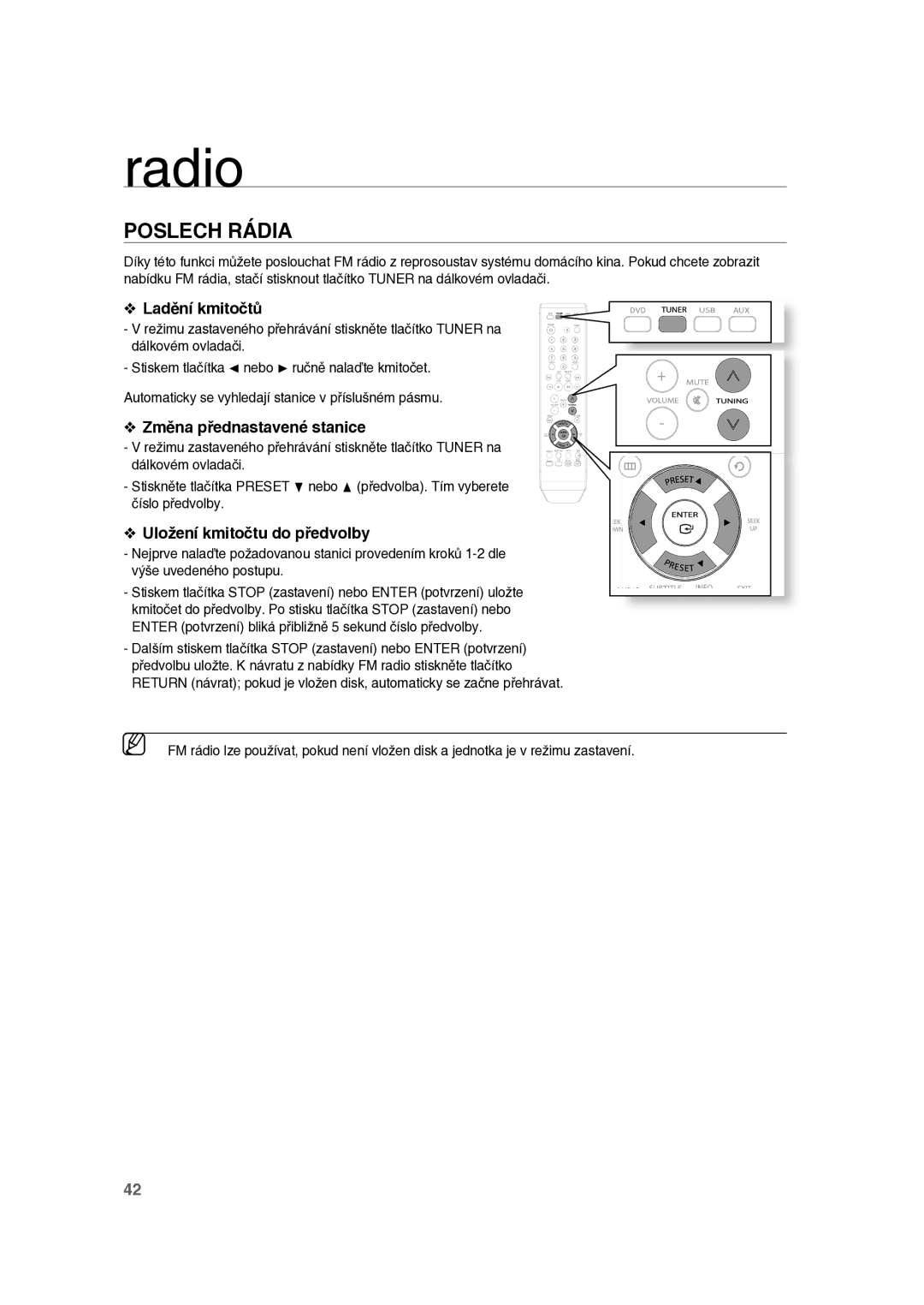 Samsung RTS-E10T/EDC manual Poslech Rádia, Ladění kmitočtů, Změna přednastavené stanice, Uložení kmitočtu do předvolby 