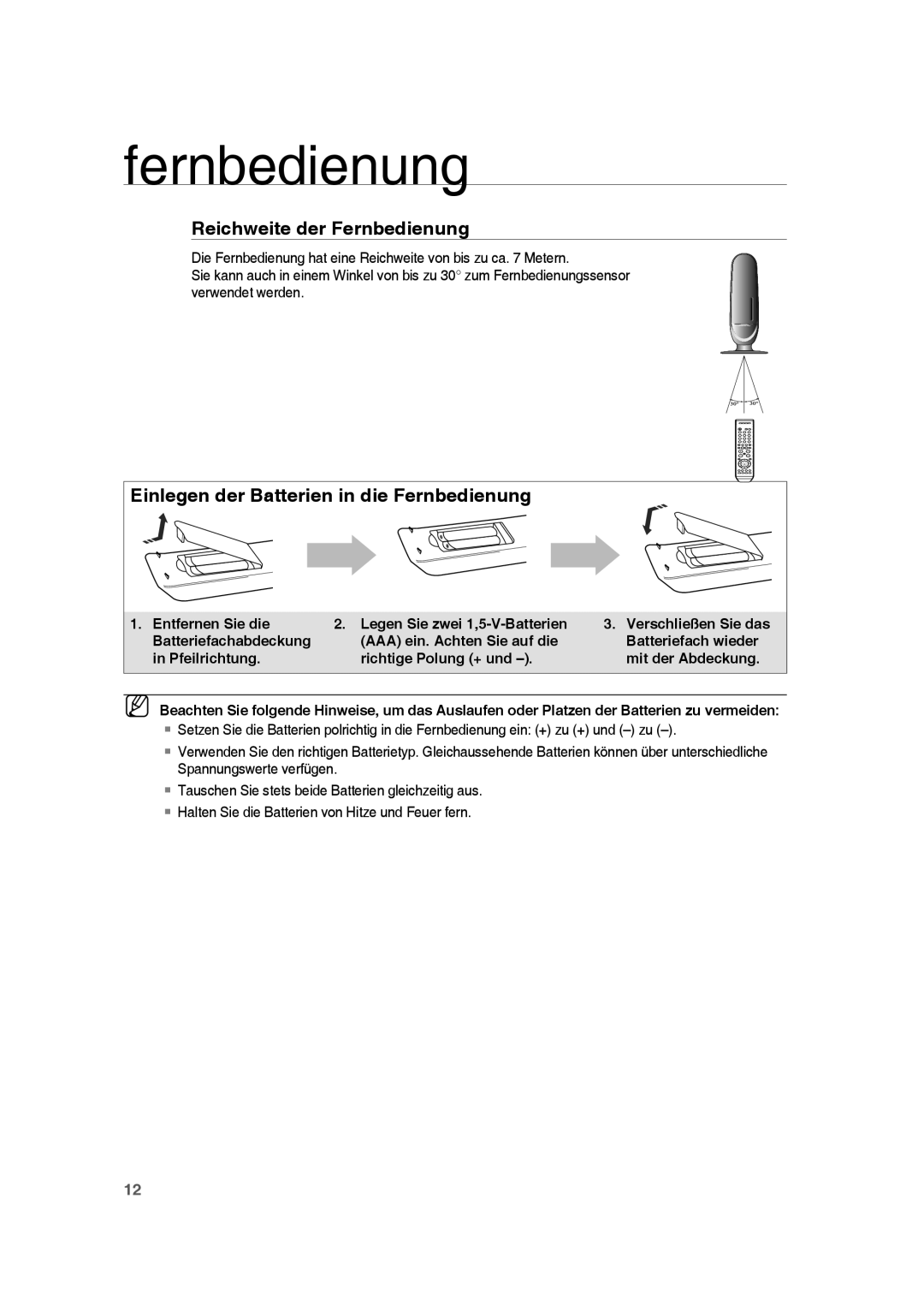 Samsung RTS-HE10T/EDC, RTS-HE10R/EDC manual Reichweite der Fernbedienung, Einlegen der Batterien in die Fernbedienung 