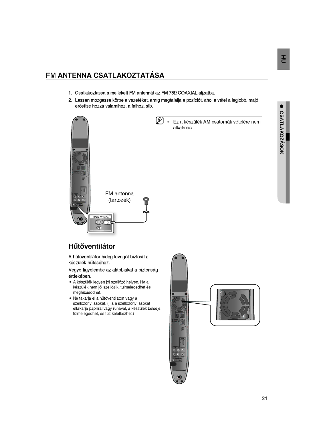 Samsung RTS-HE10T/XEF, RTS-HE10T/EDC, RTS-HE10R/EDC manual FM Antenna Csatlakoztatása, Hűtőventilátor 