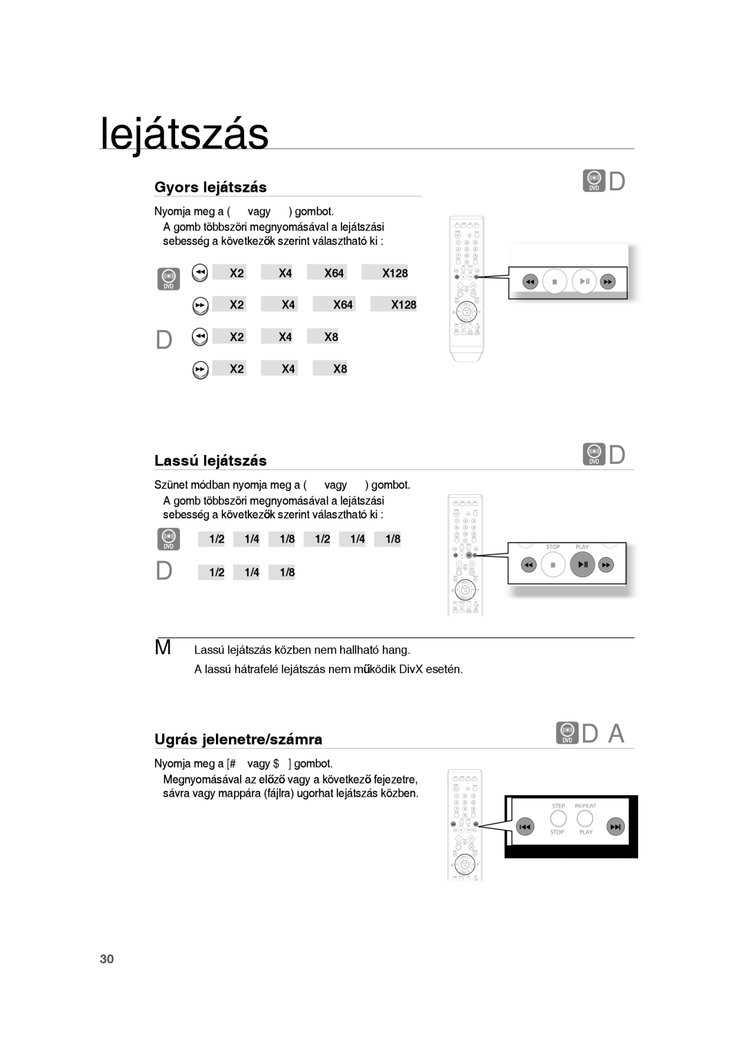 Samsung RTS-HE10T/XEF Lassú lejátszás, Ugrás jelenetre/számra, Nyomja meg a  vagy  gombot, Nyomja meg a # vagy $ gombot 