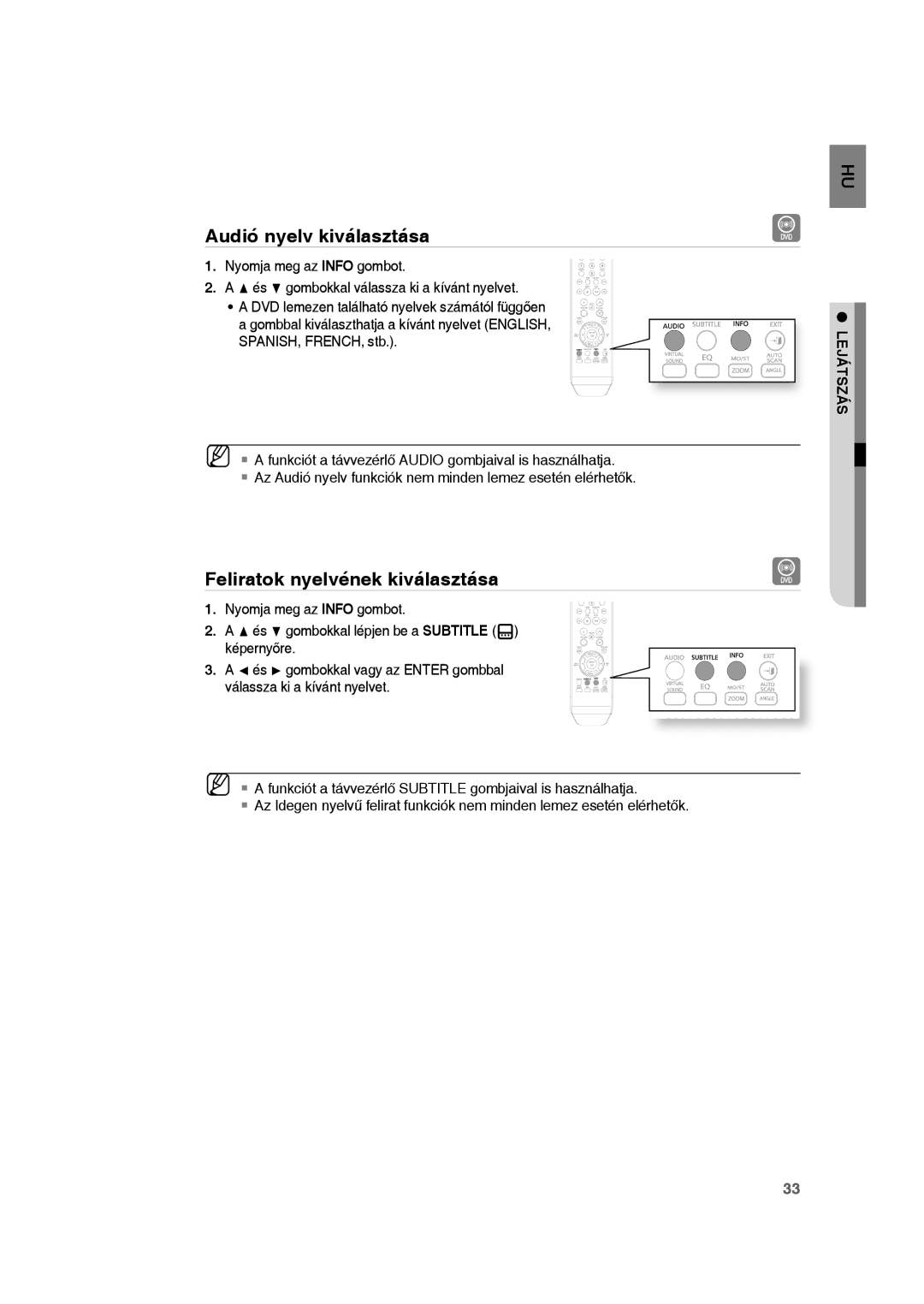 Samsung RTS-HE10T/XEF, RTS-HE10T/EDC, RTS-HE10R/EDC manual Audió nyelv kiválasztása, Feliratok nyelvének kiválasztása 