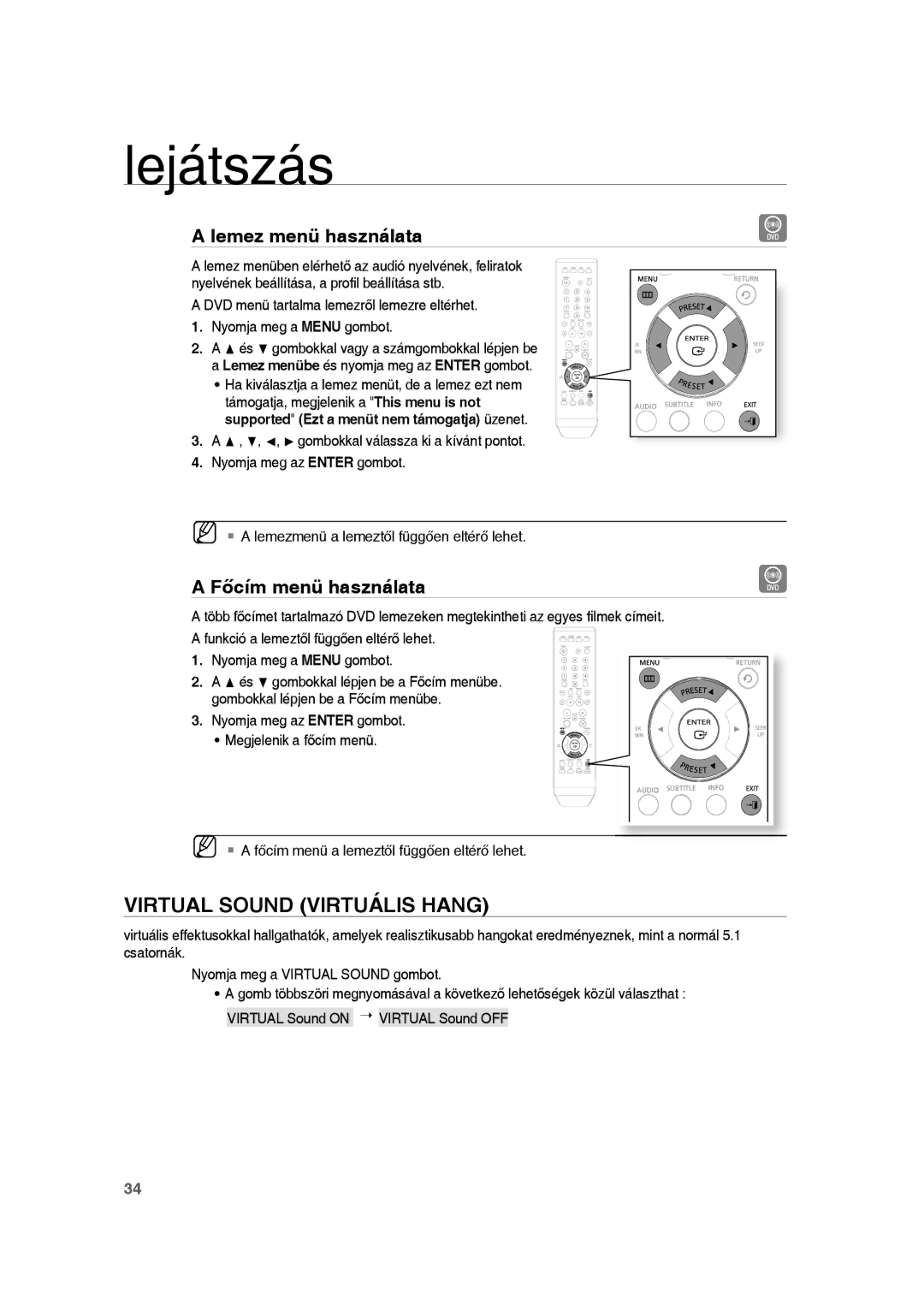 Samsung RTS-HE10T/EDC, RTS-HE10R/EDC manual Virtual Sound Virtuális Hang, Lemez menü használata, Főcím menü használata 