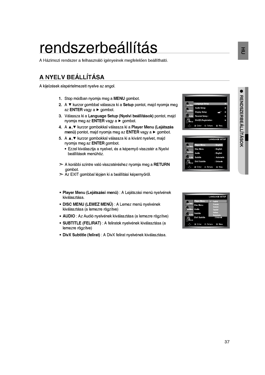 Samsung RTS-HE10T/EDC, RTS-HE10R/EDC, RTS-HE10T/XEF manual Nyelv Beállítása, Rendszerbeállítások 