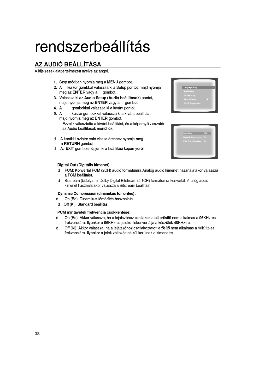 Samsung RTS-HE10R/EDC manual AZ Audió Beállítása, Digital Out Digitális kimenet, PCM mintavételi frekvencia csökkentése 