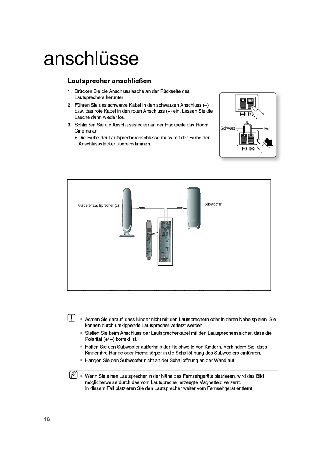 Samsung RTS-HE10R/EDC, RTS-HE10T/EDC, RTS-HE10T/XEF manual Lautsprecher anschließen, Lasche dann wieder los 