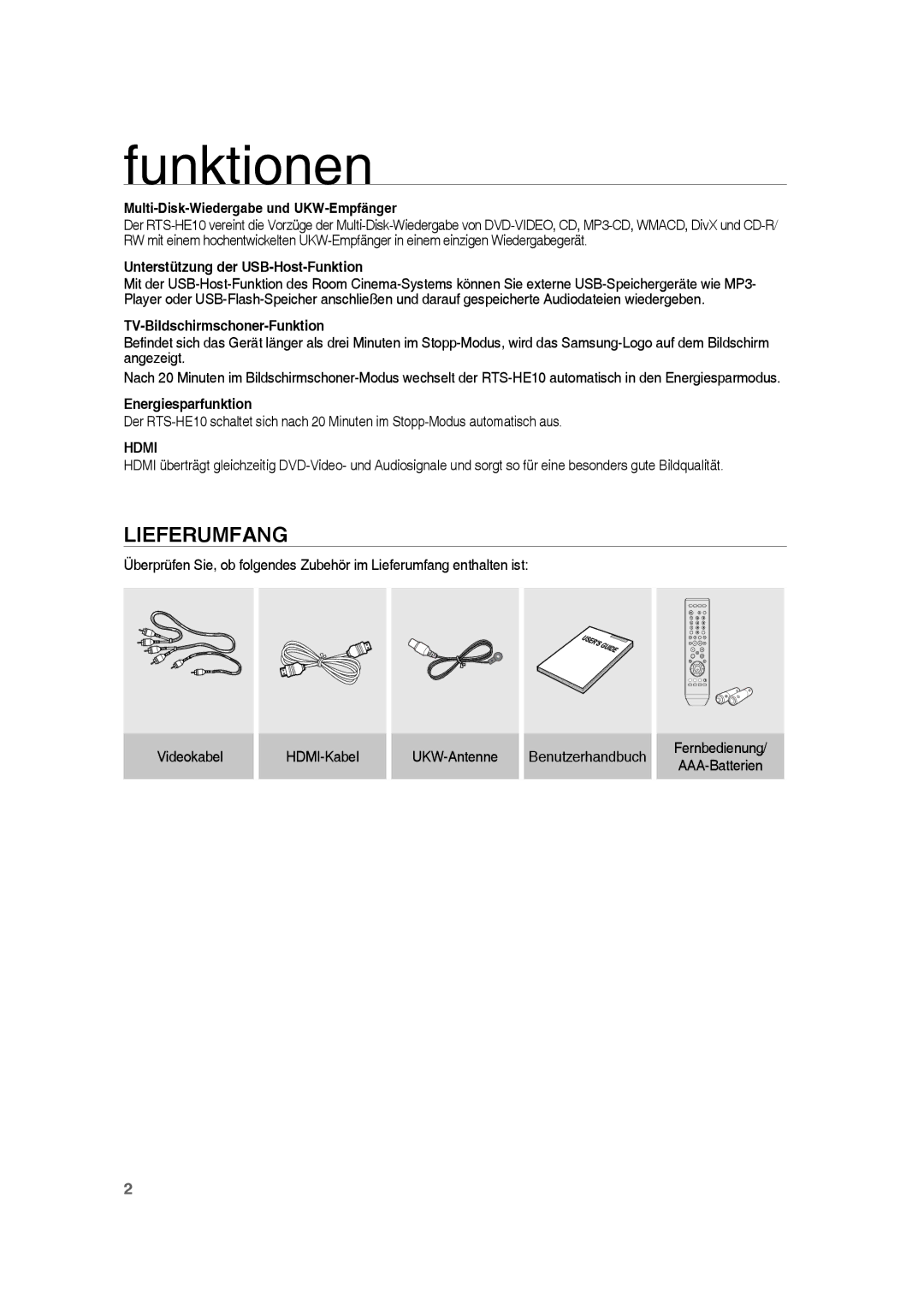 Samsung RTS-HE10T/XEF, RTS-HE10T/EDC, RTS-HE10R/EDC manual Funktionen, Lieferumfang, Hdmi 