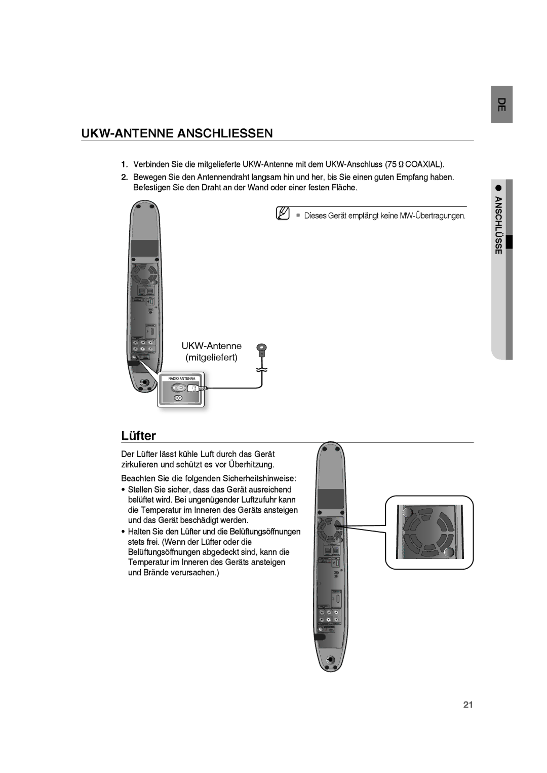 Samsung RTS-HE10T/EDC, RTS-HE10R/EDC manual UKW-ANTENNE Anschliessen,  Dieses Gerät empfängt keine MW-Übertragungen 