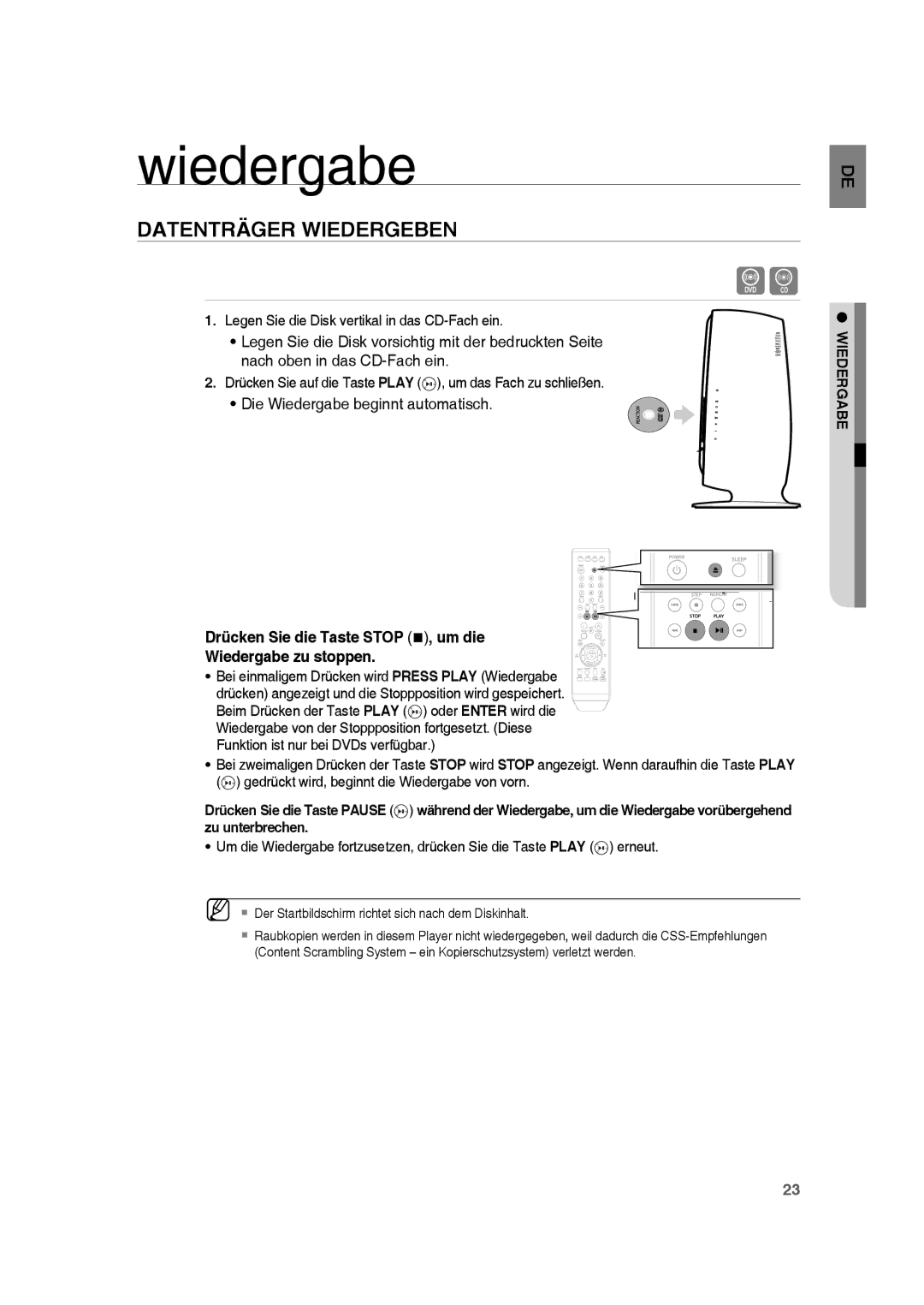 Samsung RTS-HE10T/XEF manual Datenträger Wiedergeben, Drücken Sie die Taste Stop , um die Wiedergabe zu stoppen 