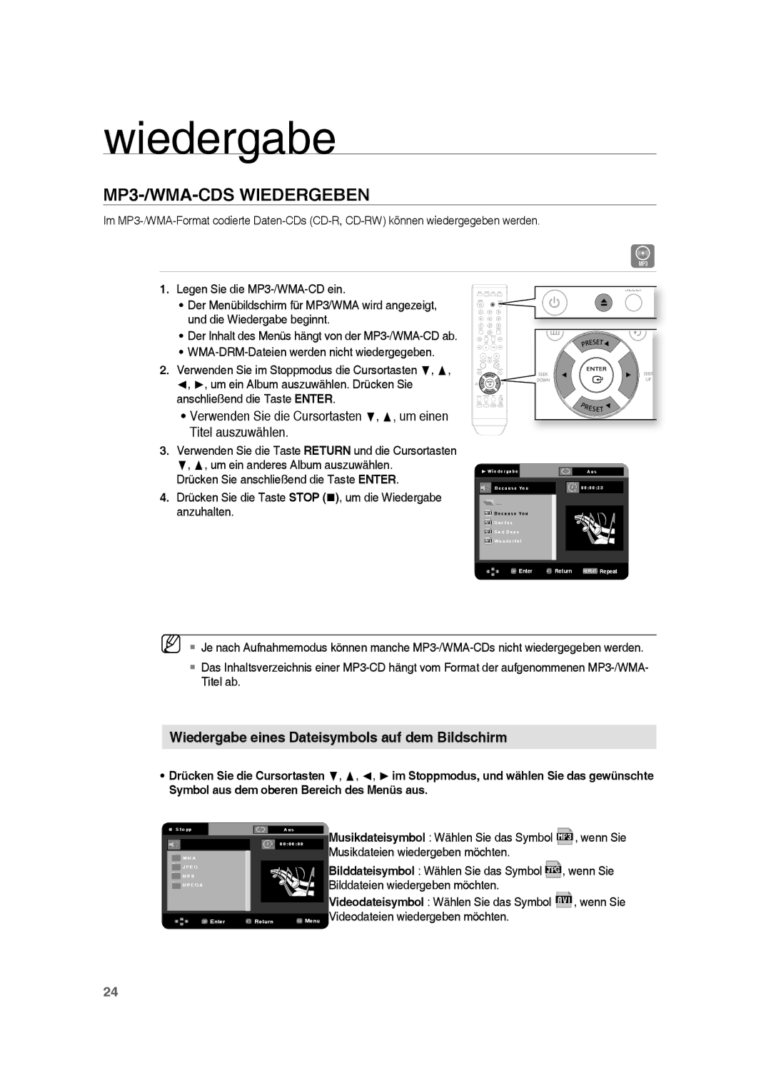 Samsung RTS-HE10T/EDC, RTS-HE10R/EDC MP3-/WMA-CDS Wiedergeben, Drücken Sie die Taste Stop , um die Wiedergabe anzuhalten 