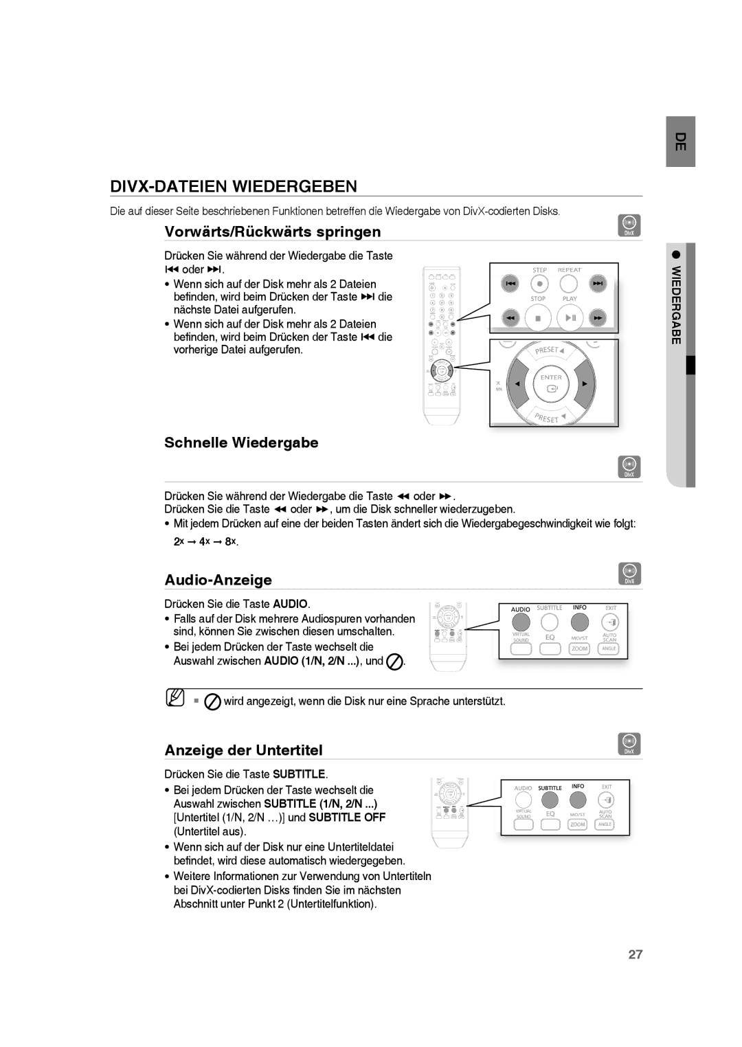 Samsung RTS-HE10T/EDC manual DIVX-DATEIEN Wiedergeben, Vorwärts/Rückwärts springen, Schnelle Wiedergabe, Audio-Anzeige 