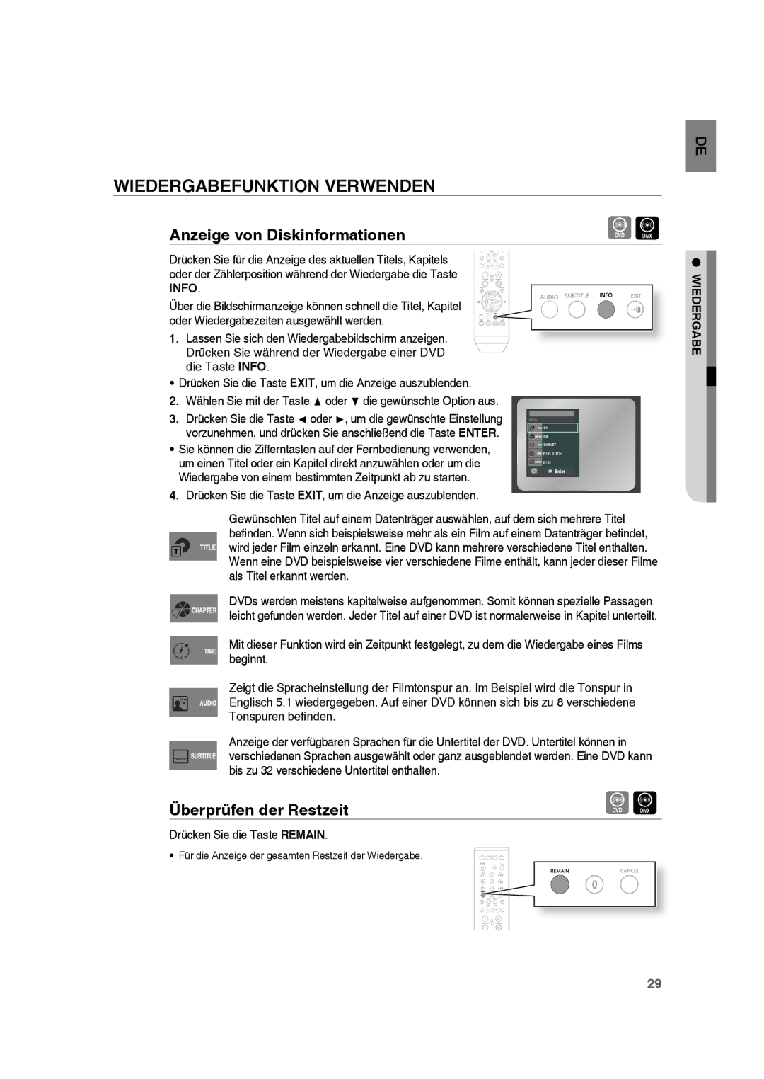 Samsung RTS-HE10T/XEF, RTS-HE10T/EDC Wiedergabefunktion Verwenden, Anzeige von Diskinformationen, Überprüfen der Restzeit 