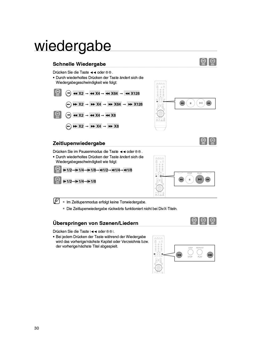 Samsung RTS-HE10T/EDC manual Zeitlupenwiedergabe, Überspringen von Szenen/Liedern,  X2  X4  X64   X2  X4  X64  