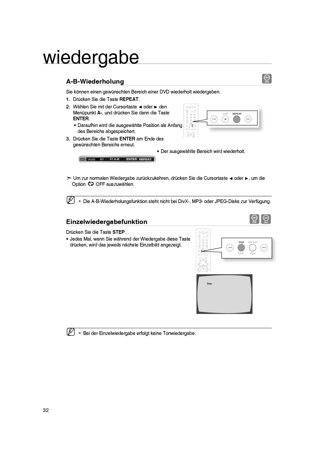 Samsung RTS-HE10T/XEF, RTS-HE10T/EDC, RTS-HE10R/EDC manual Einzelwiedergabefunktion, Enter, Drücken Sie die Taste Step 