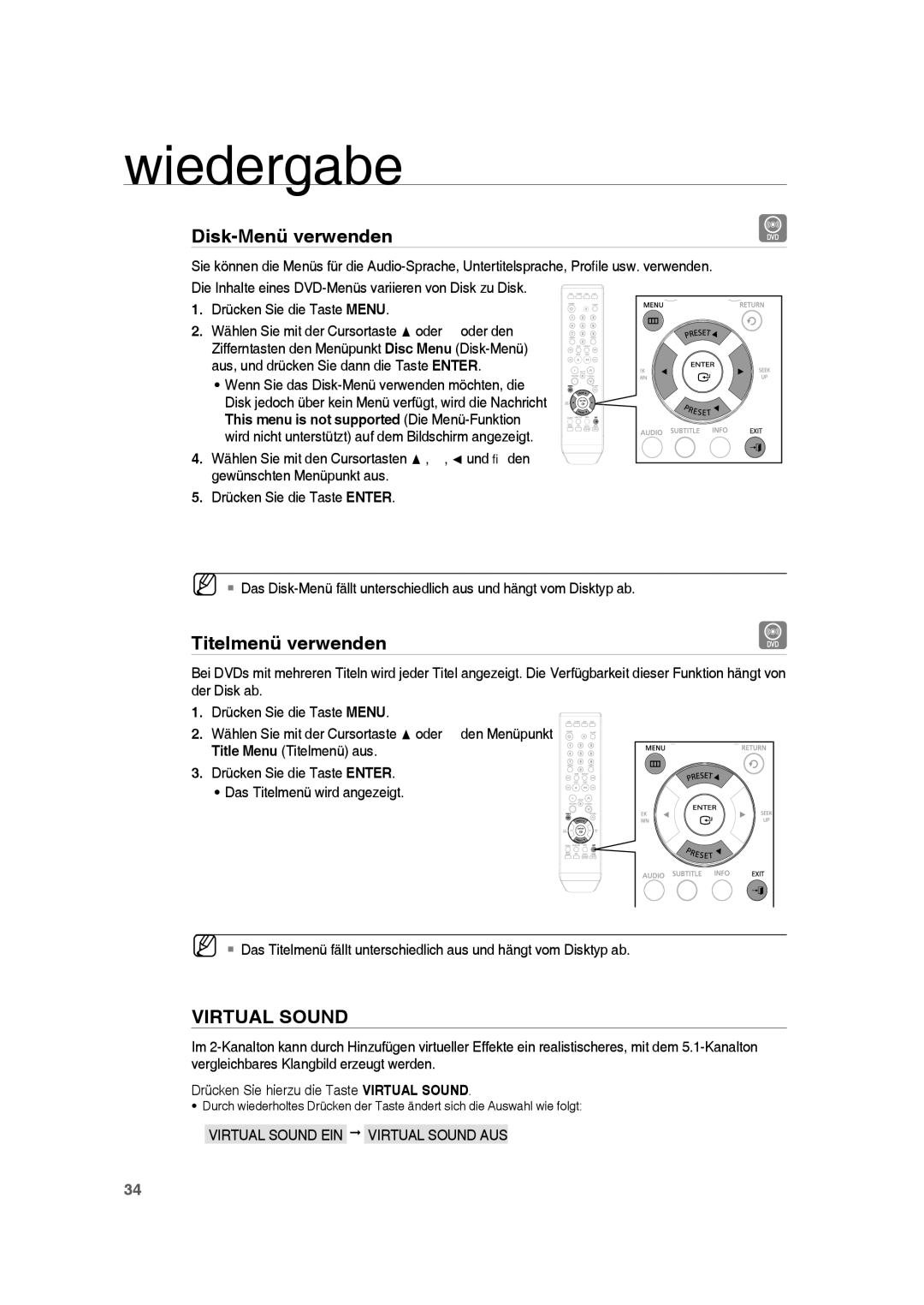 Samsung RTS-HE10R/EDC, RTS-HE10T/EDC Disk-Menü verwenden, Titelmenü verwenden, Aus, und drücken Sie dann die Taste Enter 