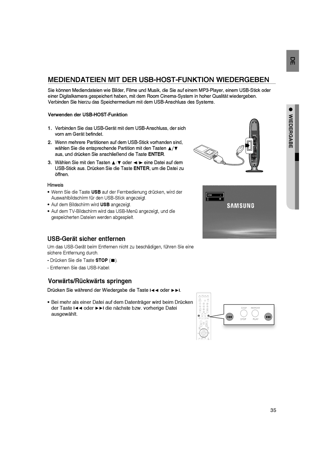 Samsung RTS-HE10T/XEF, RTS-HE10T/EDC manual Mediendateien MIT DER USB-HOST-FUNKTION Wiedergeben, USB-Gerät sicher entfernen 