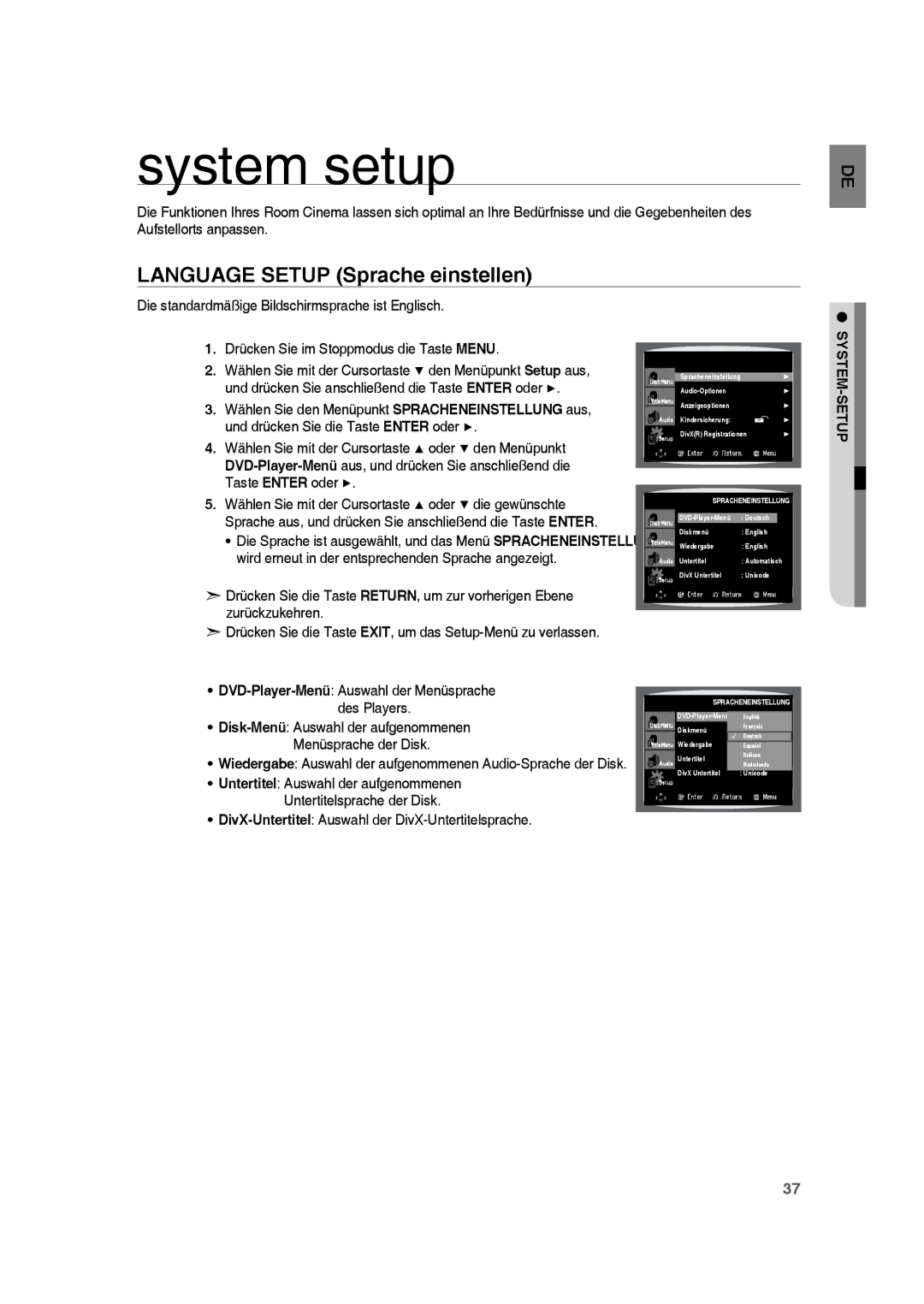 Samsung RTS-HE10R/EDC, RTS-HE10T/EDC, RTS-HE10T/XEF manual System setup, Language Setup Sprache einstellen 