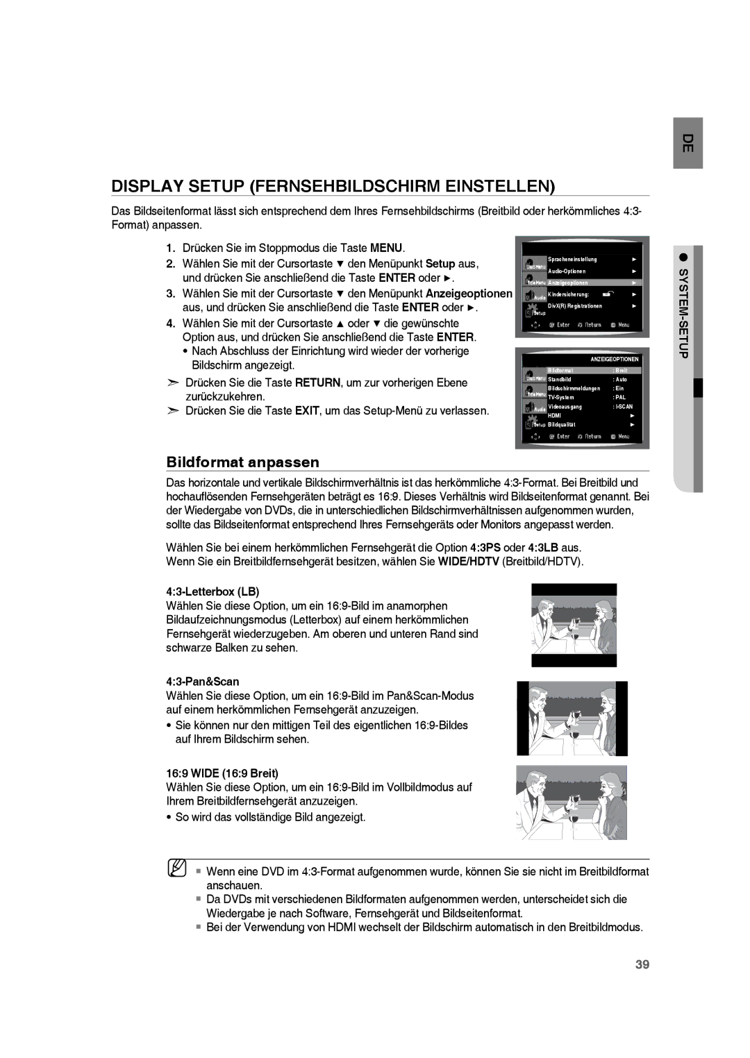 Samsung RTS-HE10T/EDC, RTS-HE10R/EDC manual Display Setup Fernsehbildschirm Einstellen, Bildformat anpassen, System-Setup 