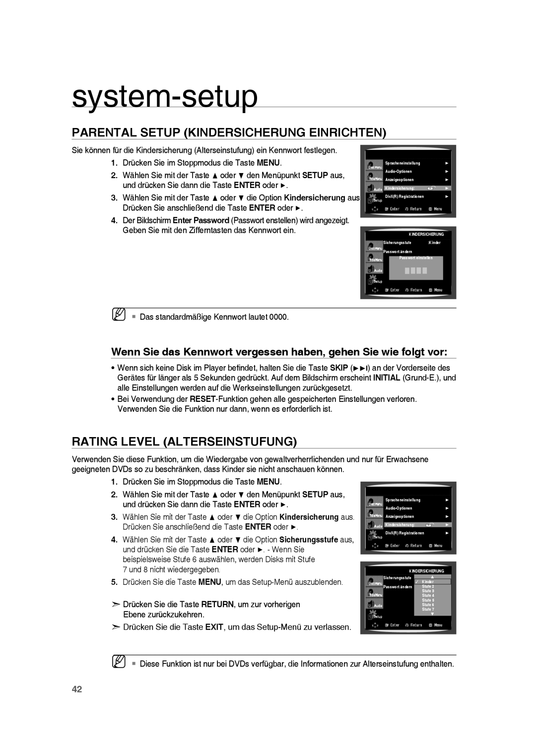 Samsung RTS-HE10T/EDC Parental Setup Kindersicherung Einrichten, Rating Level Alterseinstufung, Und 8 nicht wiedergegeben 