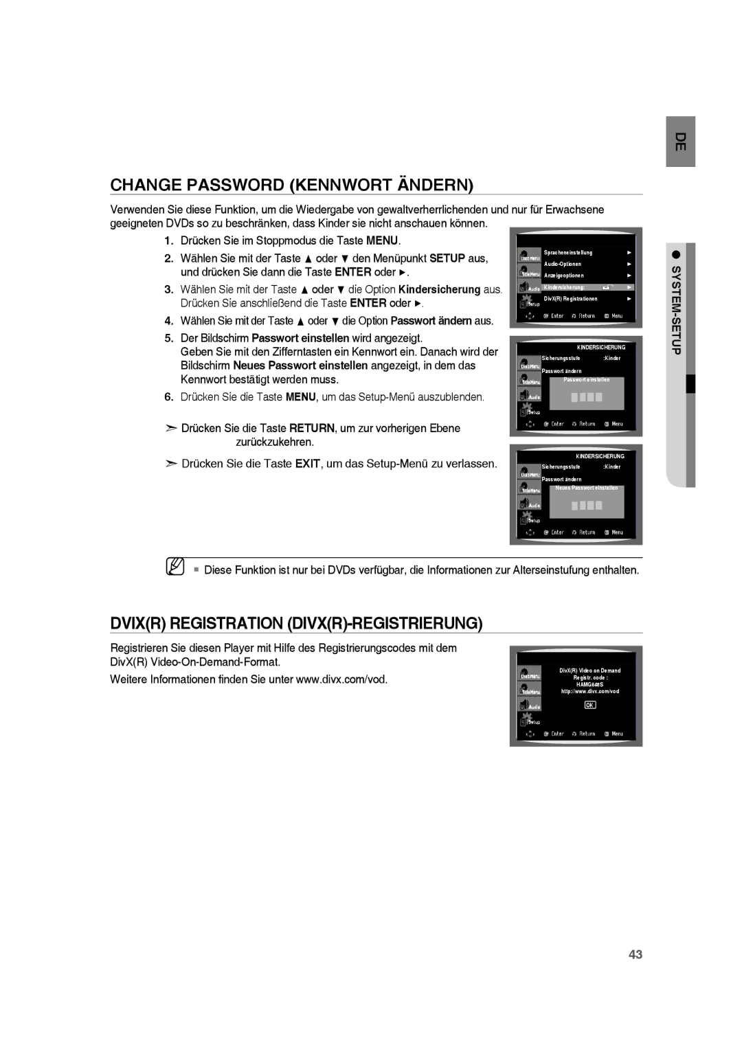 Samsung RTS-HE10R/EDC, RTS-HE10T/EDC, RTS-HE10T/XEF Change Password Kennwort Ändern, Dvixr Registration DIVXR-REGISTRIERUNG 