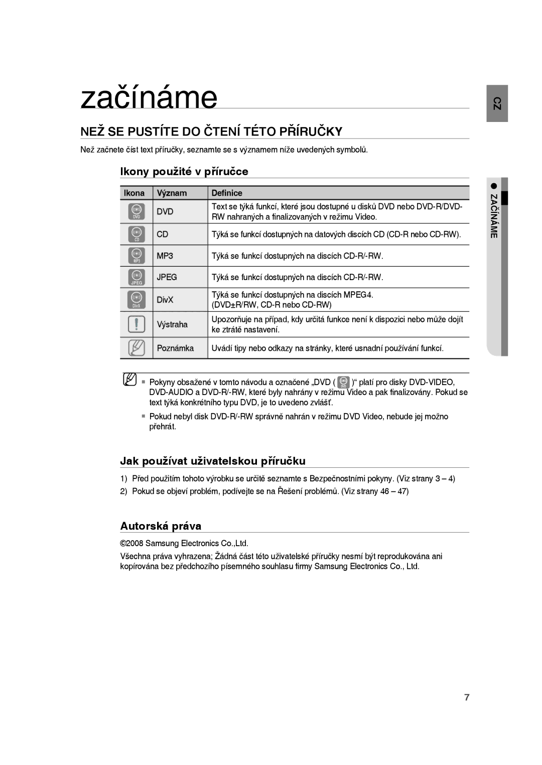 Samsung RTS-HE10T/XEF manual Začínáme, NEŽ SE Pustíte do Čtení Této Příručky, Ikony použité v příručce, Autorská práva 