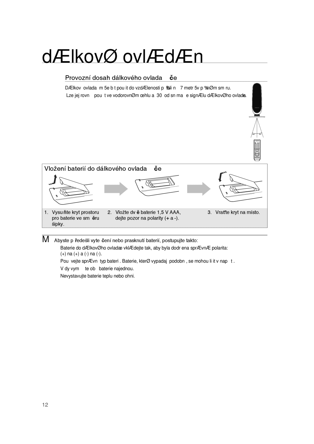 Samsung RTS-HE10R/EDC manual Dálkové ovládání, Provozní dosah dálkového ovladače, Vložení baterií do dálkového ovladače 